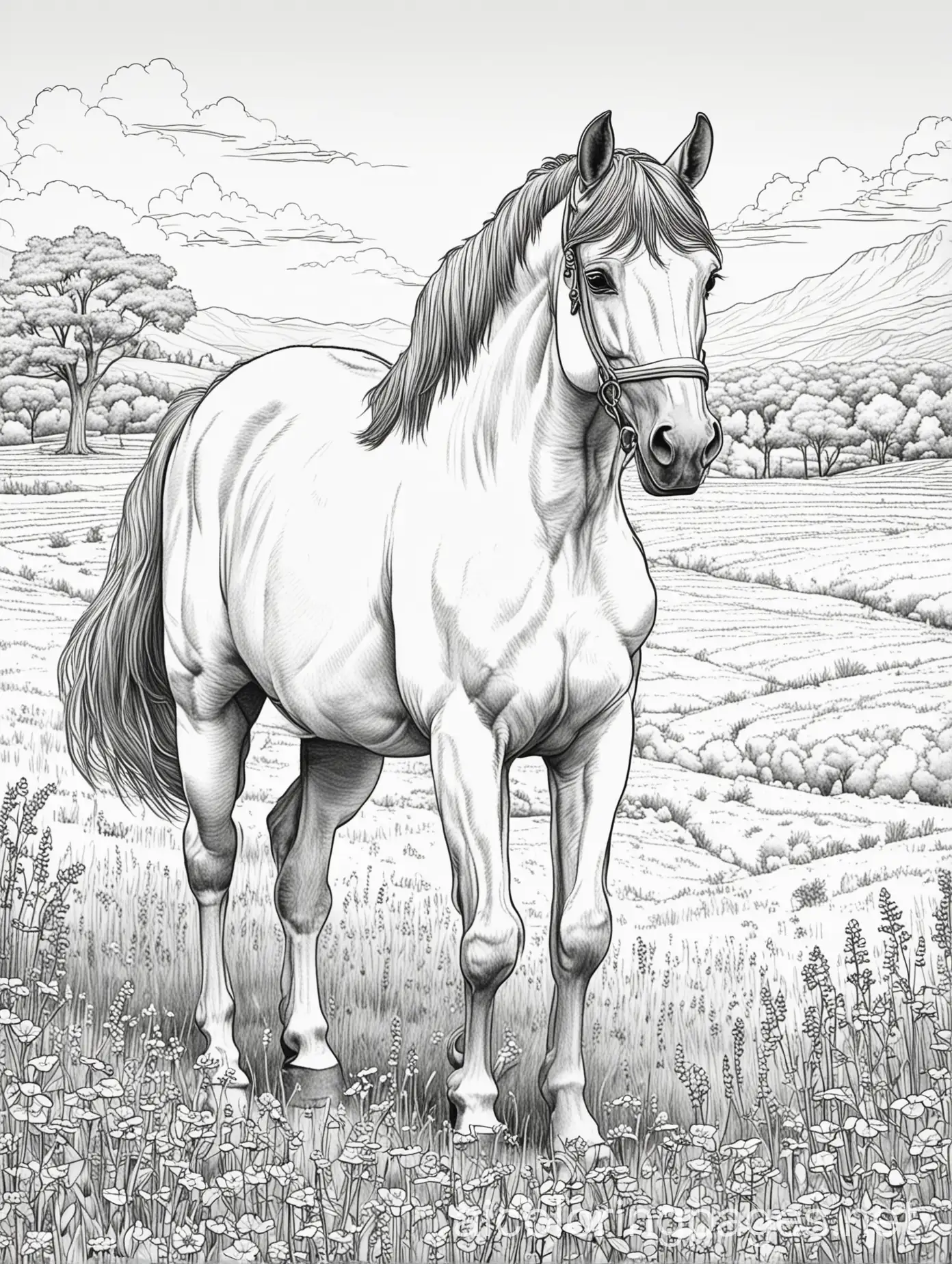 Simple-Line-Drawing-of-a-Horse-in-a-Field-for-Kids-Coloring