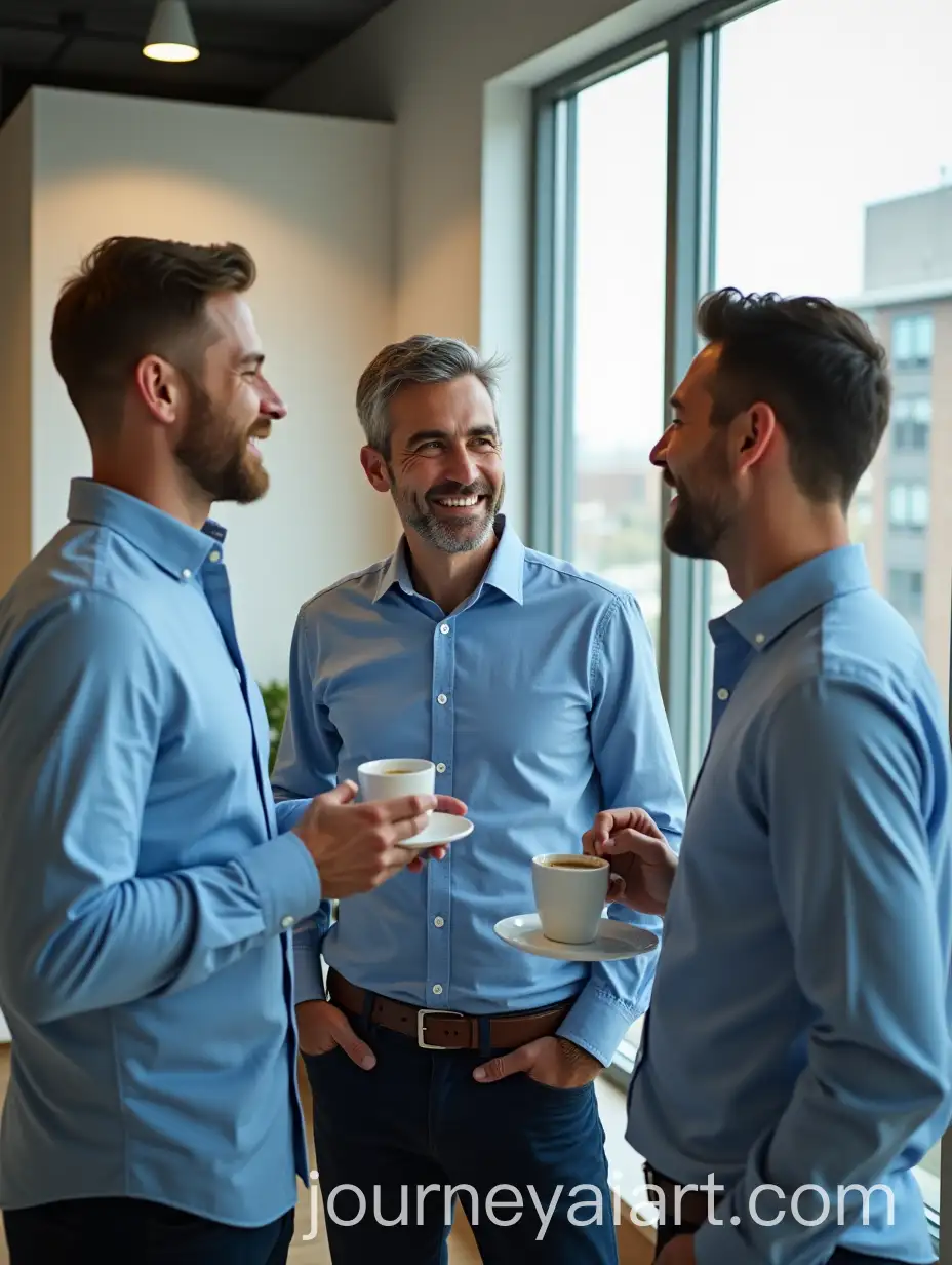 Three-Businessmen-Engaging-in-a-Cheerful-Coffee-Conversation