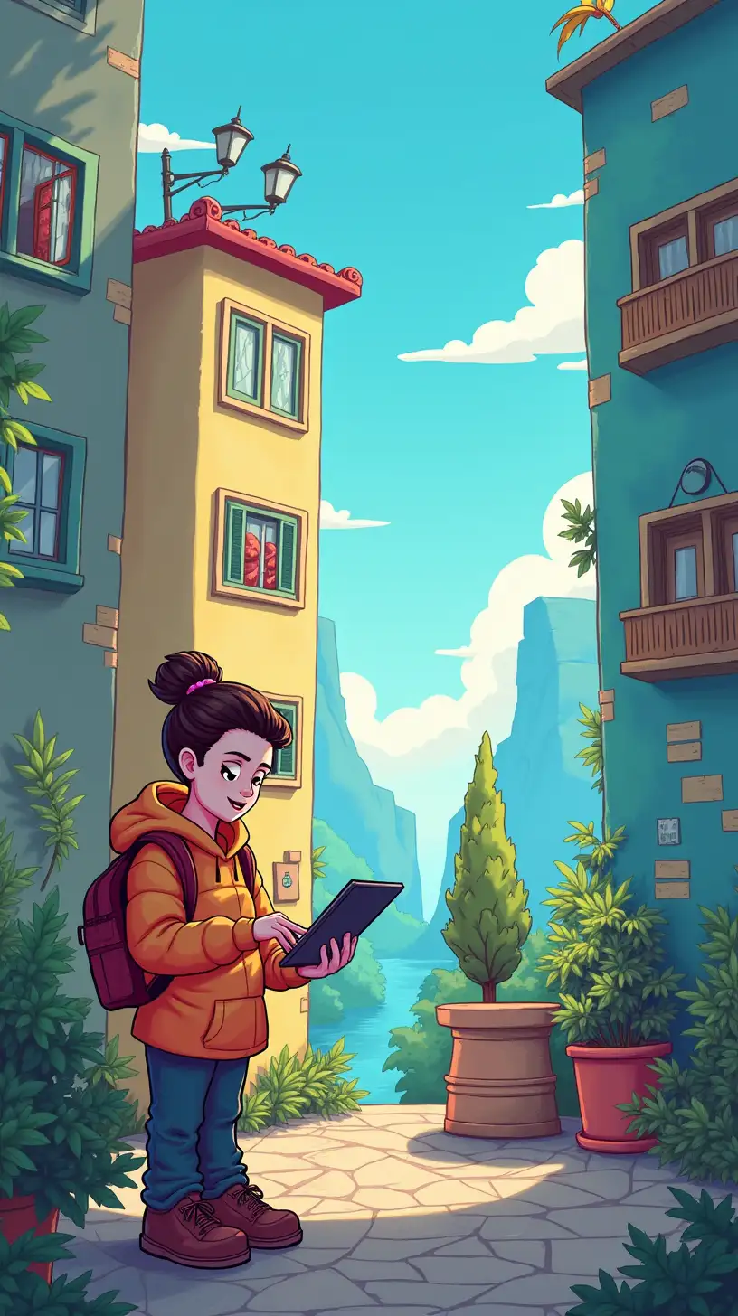 Mindful Engagement with Technology in a Colorful Cartoon Scene