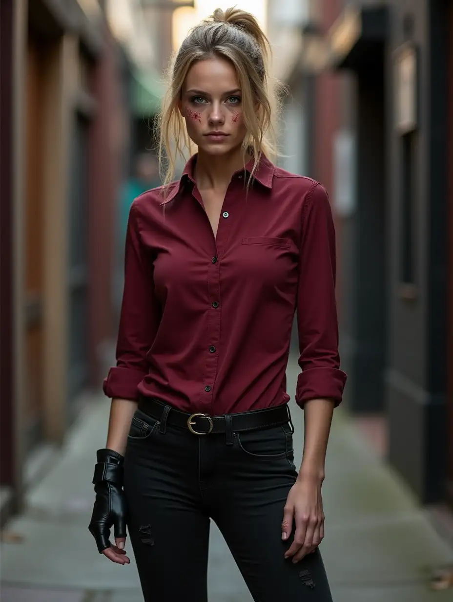 Half Length Photo of Teagan Croft wearing a fitted, darker blood-red button up shirt, slim fitted black jeans but flexible, allowing for agility during fights. The slight distressing on the fabric adds to her rugged, rebellious vibe, wears a single, fingerless black glove on her dominant right hand, and steel-toed black combat boots. (in her accurate dark blonde hair slightly tousled, tied back into a messy ponytail for fights, leaving stray strands framing her face for a disheveled, intimidating look and makeup effects—darker eyeshadow, smudged eyeliner, and faint bruising under her eyes, accurate actress Teagan Croft 20 year old body type, accurate bust size and accurate height). In a alley outside of a bar, reminiscing of Supernatural TV Show scenery (Her clothes being a nod to Demon Dean Winchester clothes from Supernatural Season 10). Daytime Setting. (4K Resolution Photo and HDR)