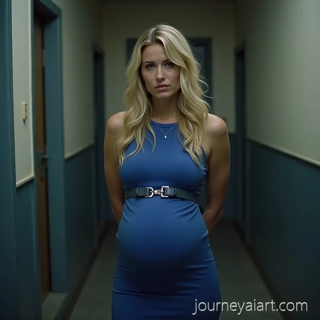 Blonde-Pregnant-Woman-in-Blue-Sleeveless-Dress-HandBlonde-pregnant-woman-in-jailcuffed-in-Jail-Cell-Waiting-Room