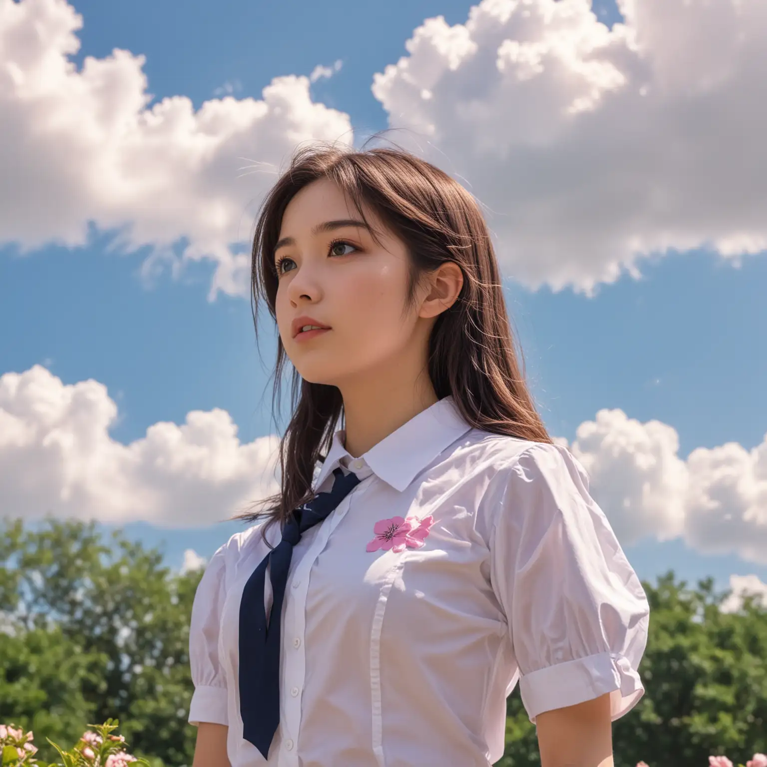 (masterpiece, best quality),1girl, solo, flower, long hair, outdoors, letterboxed, school uniform, day, sky, looking up, short sleeves, parted lips, shirt, cloud, black hair, sunlight, white shirt, serafuku, upper body, from side, pink flower, blurry, brown hair, blue sky, depth of field