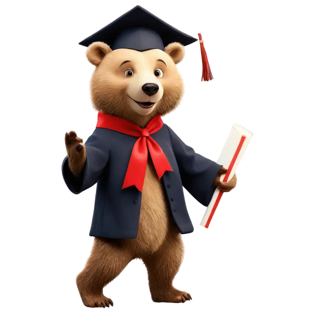 A realistic graduate bear. Wearing a graduate outfit, holding a diploma, dancing. Please pay attention to all small details to make it realistic