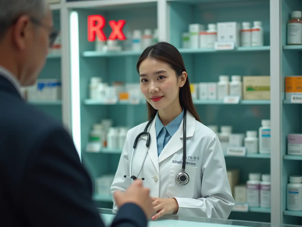 In a Chinese pharmacy, a beautiful female pharmacist stood inside the counter, holding medicine in her hand, and watched a male customer in his sixties standing outside the counter to introduce seriously. Behind the female pharmacist is a transparent glass case full of prescription drugs, which are mainly boxed drugs, and you can vaguely see that the text on the drugs is Chinese characters, and the two red letters 'Rx' can be seen in block letters in the upper left corner of the glass case