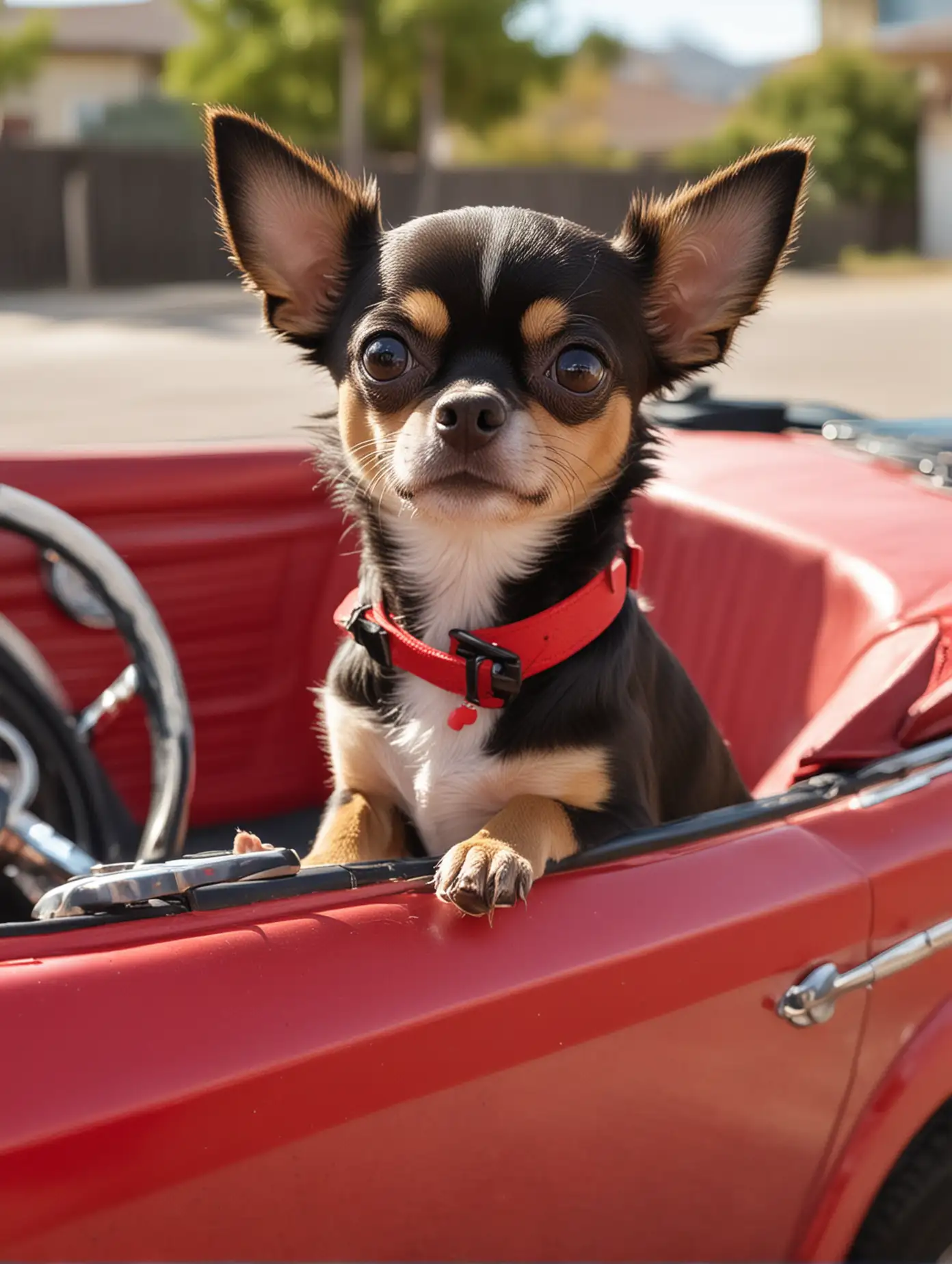 Black-and-Tan-Chihuahua-Driving-a-Red-Convertible-Car