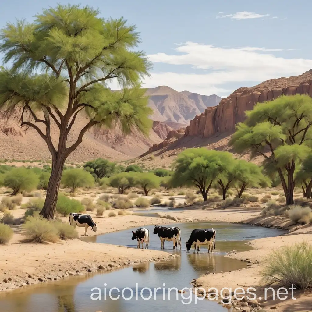 Cows grazing beside a rare oasis in the heart of the desert, with fresh water and green trees, and the beauty of the surrounding landscape, Coloring Page, black and white, line art, white background, Simplicity, Ample White Space. The background of the coloring page is plain white to make it easy for young children to color within the lines. The outlines of all the subjects are easy to distinguish, making it simple for kids to color without too much difficulty