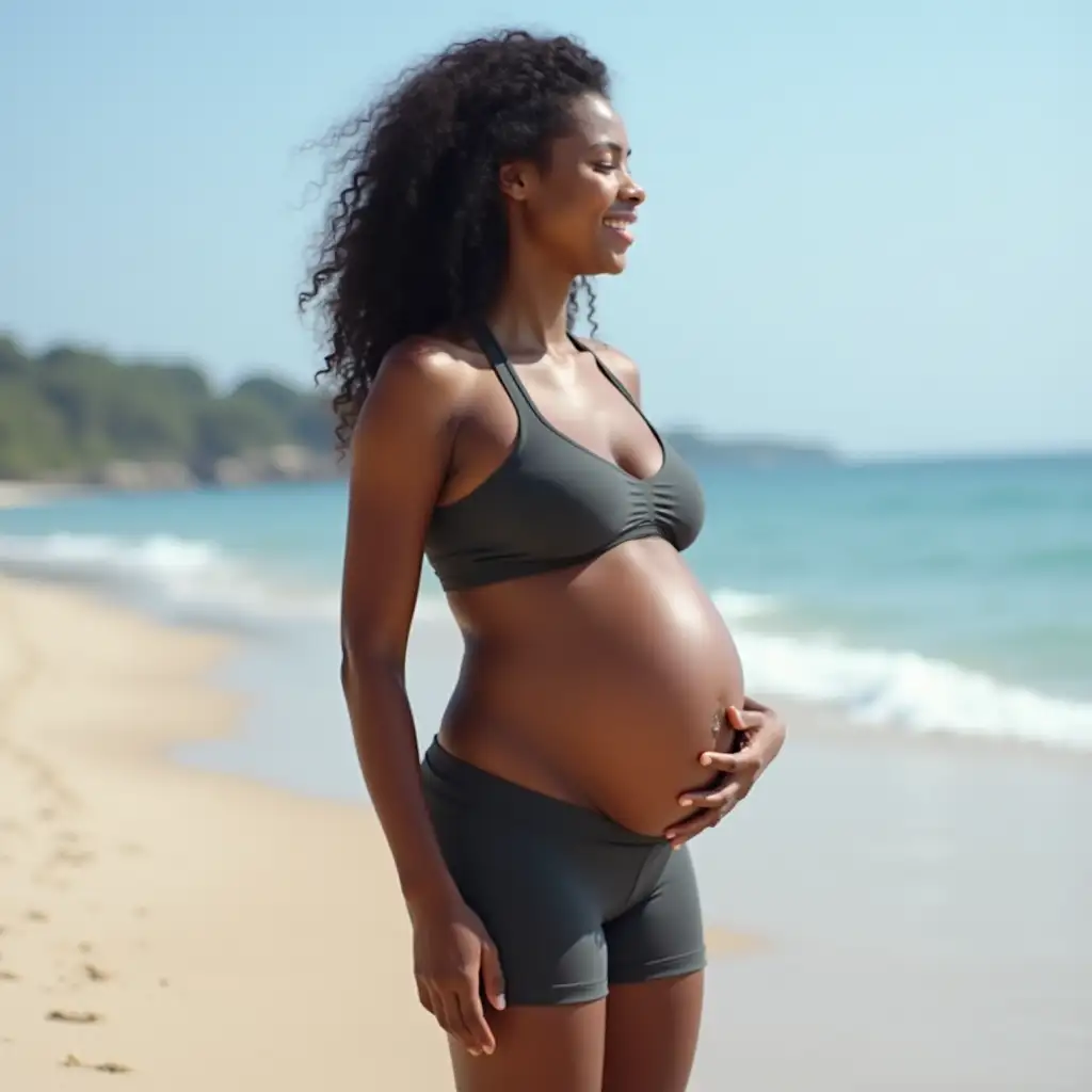 Happy-Young-Ebony-Girl-with-a-Bloated-Belly-at-the-Beach-in-Tight-Spandex-Shorts