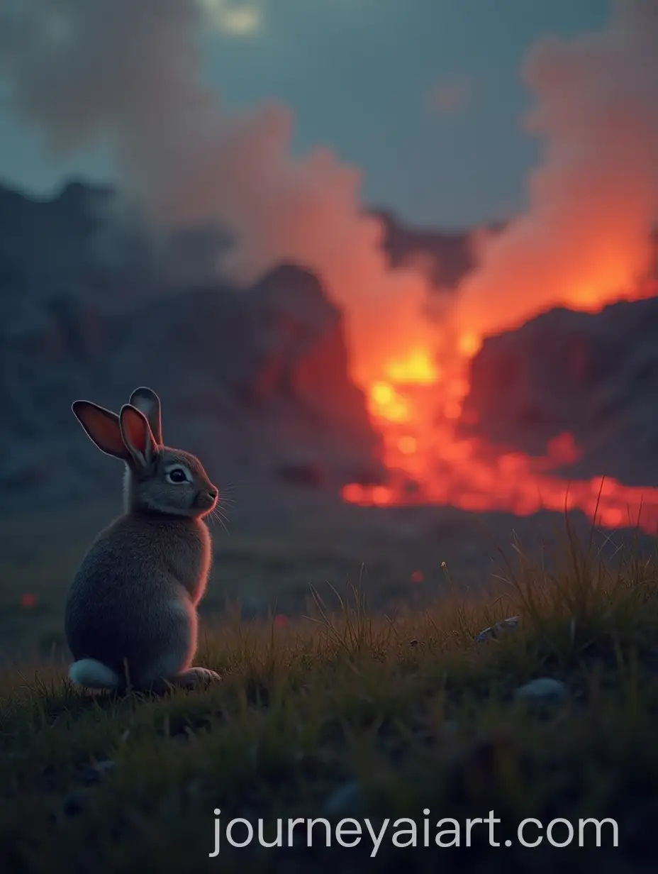 Small-Rabbit-Observing-Distant-Lava-Flow-in-a-Grassy-Field