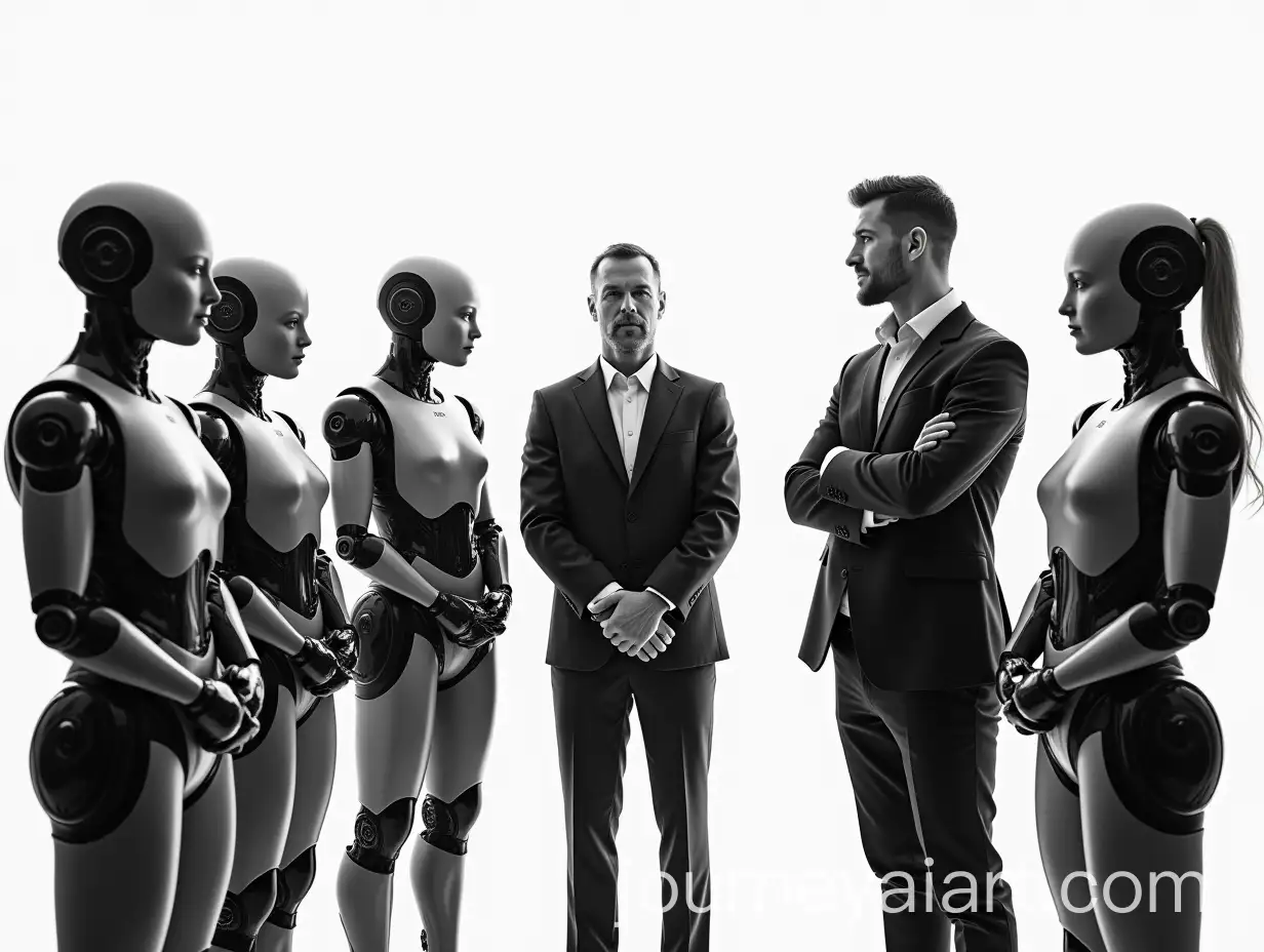 Black-and-White-Studio-Shot-of-AI-Agents-and-Two-Human-Men-Standing-Confidently