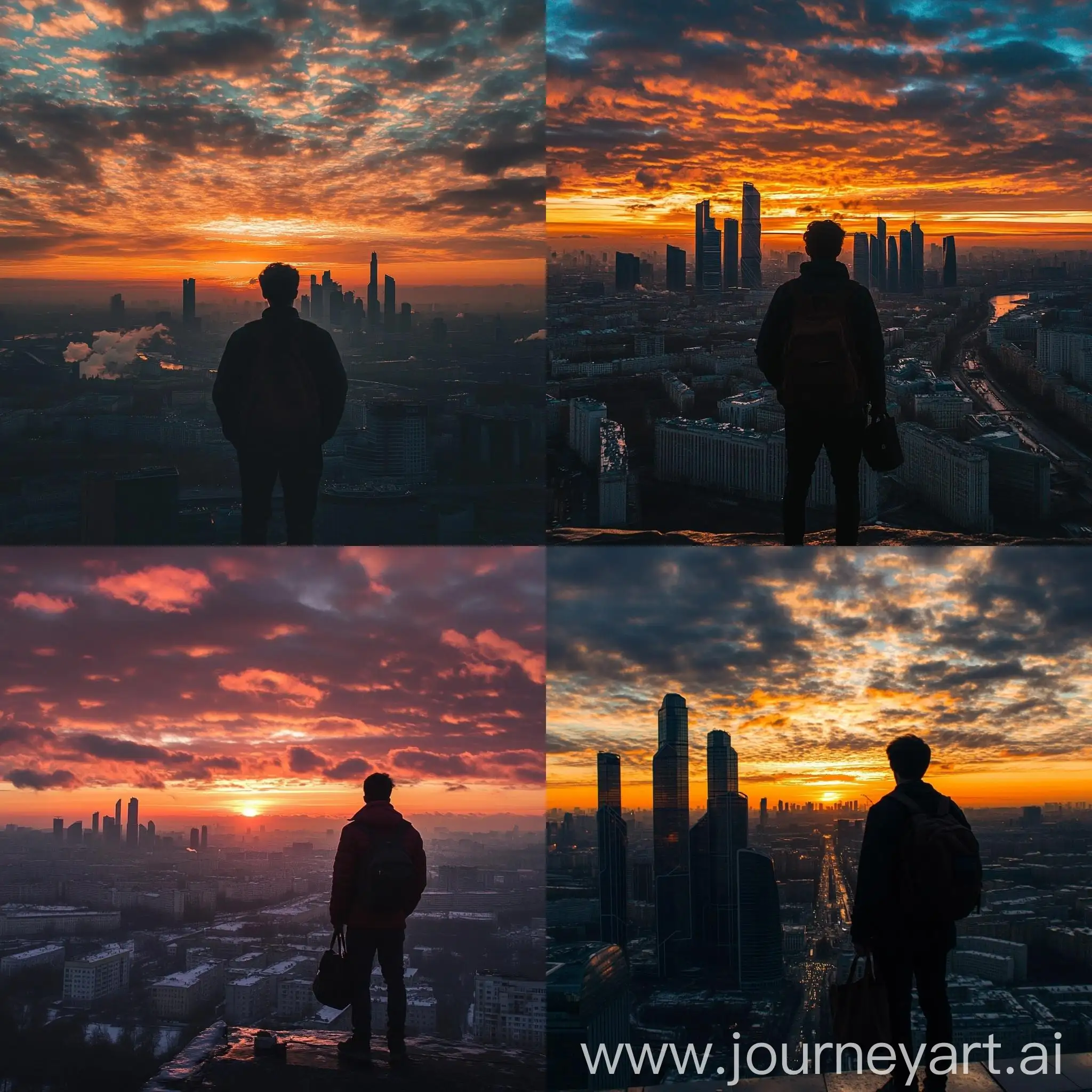 Cityscape-Sunset-with-Silhouette-of-Young-Man