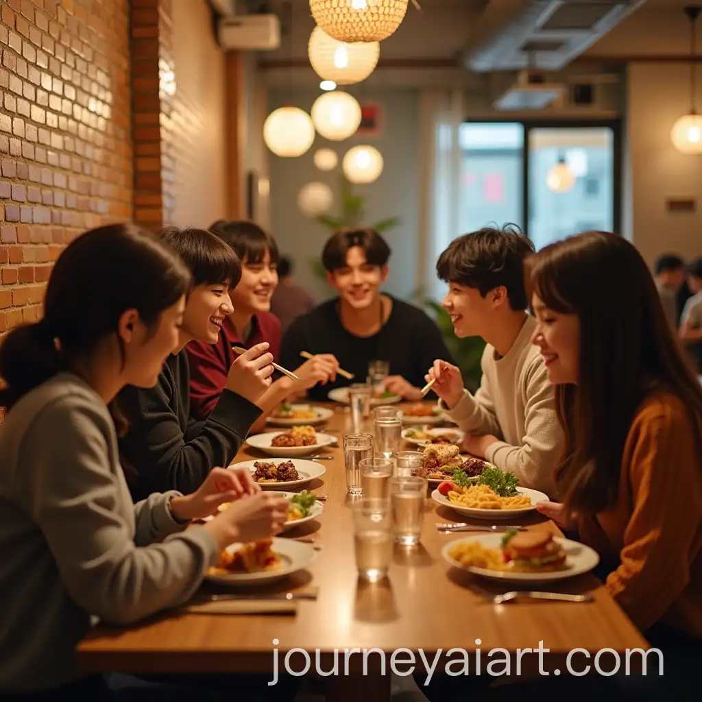 BTS-Members-and-Girl-Enjoying-Fun-Restaurant-Meal-Together