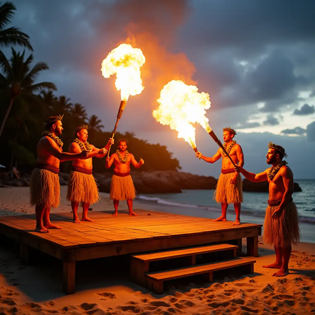 Men-in-Traditional-Hawaiian-Attire-Performing-Fire-Breathing-on-a-Beach-Podium