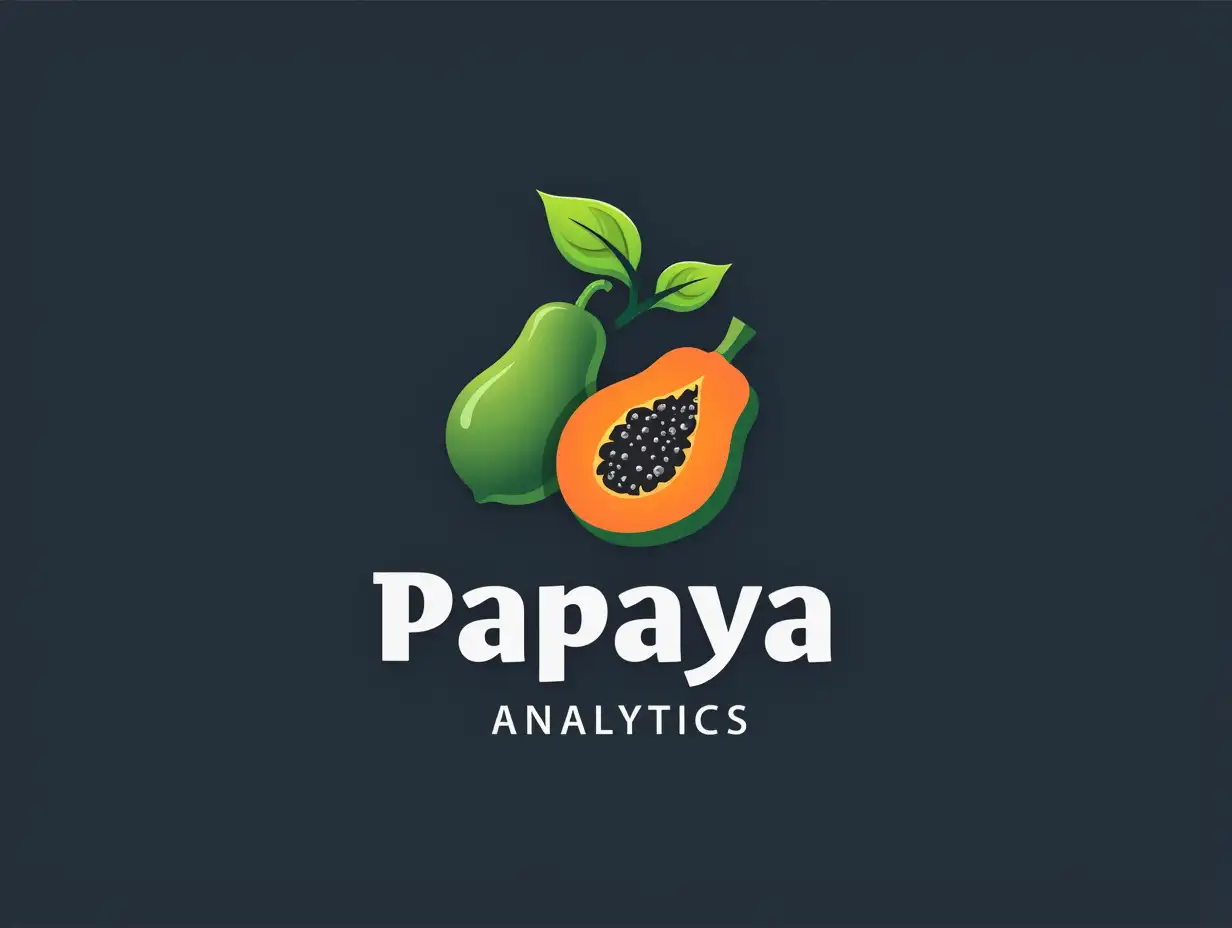 create a logo that says 'Papaya Analytics' and has a papaya in the beginning of the logo, not above the text but to its left, with 4 colors for use in my company