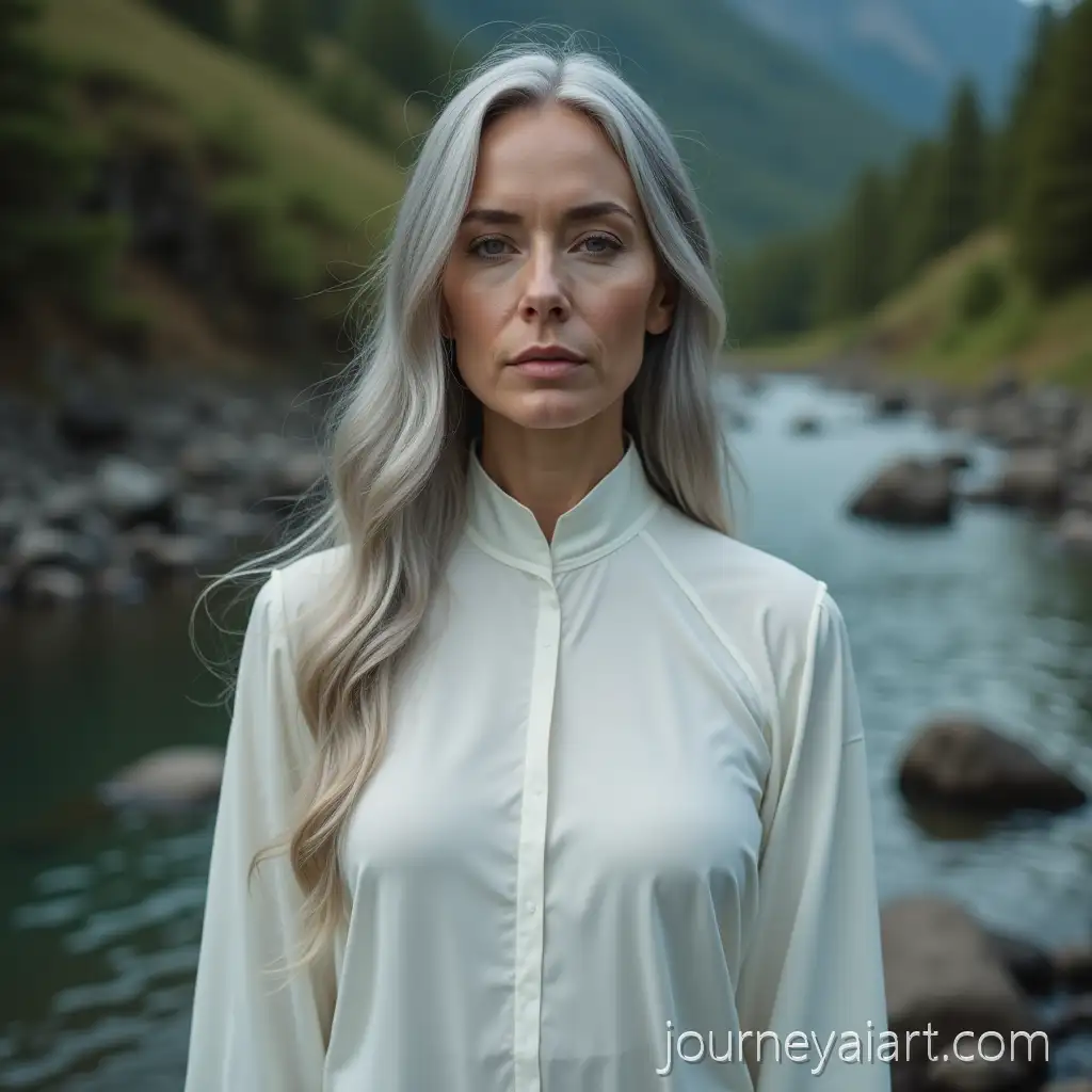 40YearOld-Woman-in-White-Silk-Dress-by-Mountain-Stream-with-Rainbow-Reflections