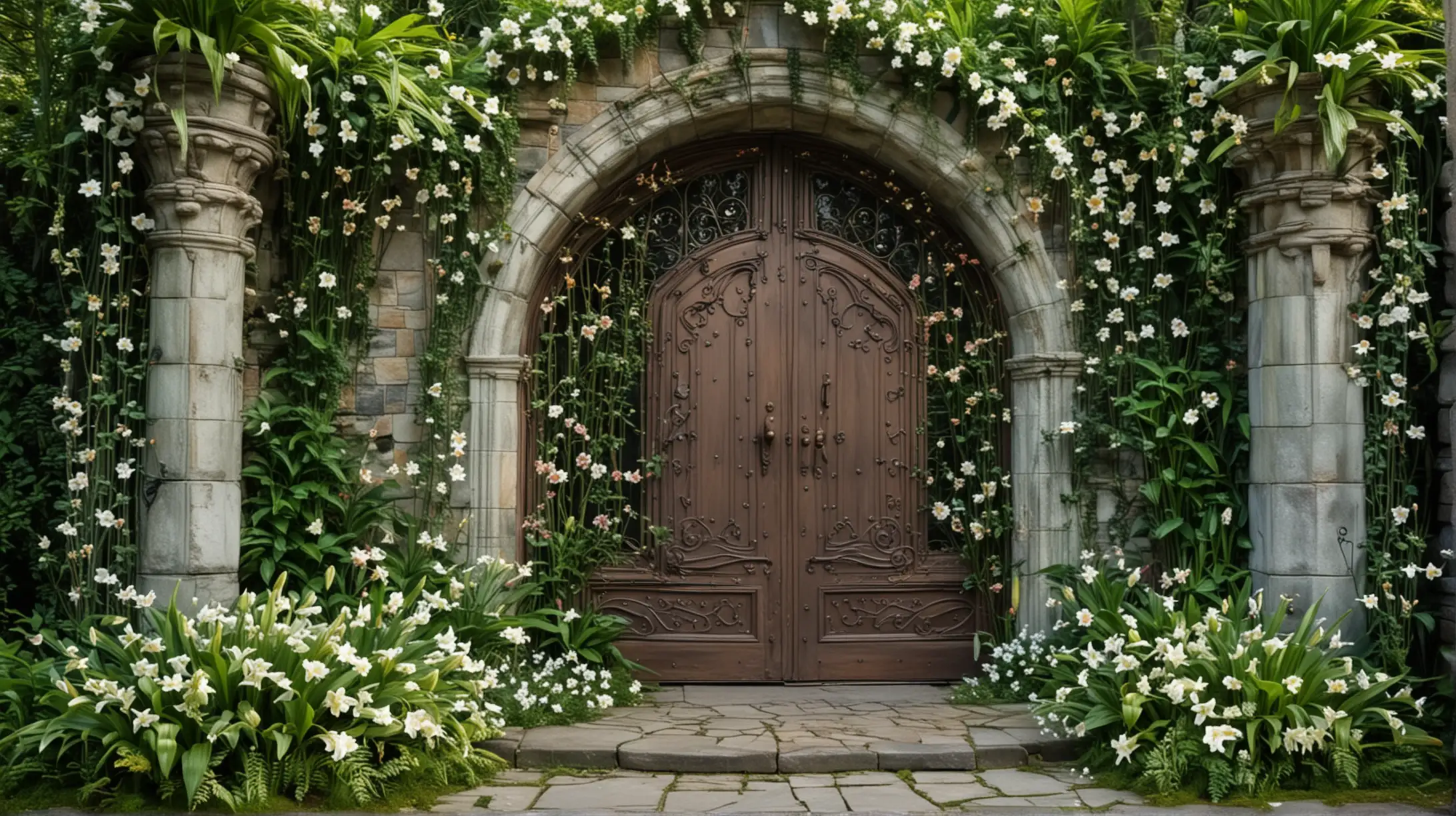 Front View of Elegant Secret Castle Door in Enchanted Paradise Garden