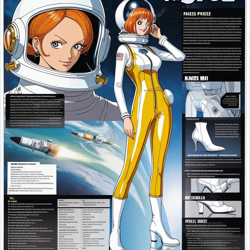 A reference sheet with Nami from "ONE PIECE" with short ginger hair in an astronaut helmet with a tinted visor, a shiny latex skin-tight spacesuit and high-heeled boots