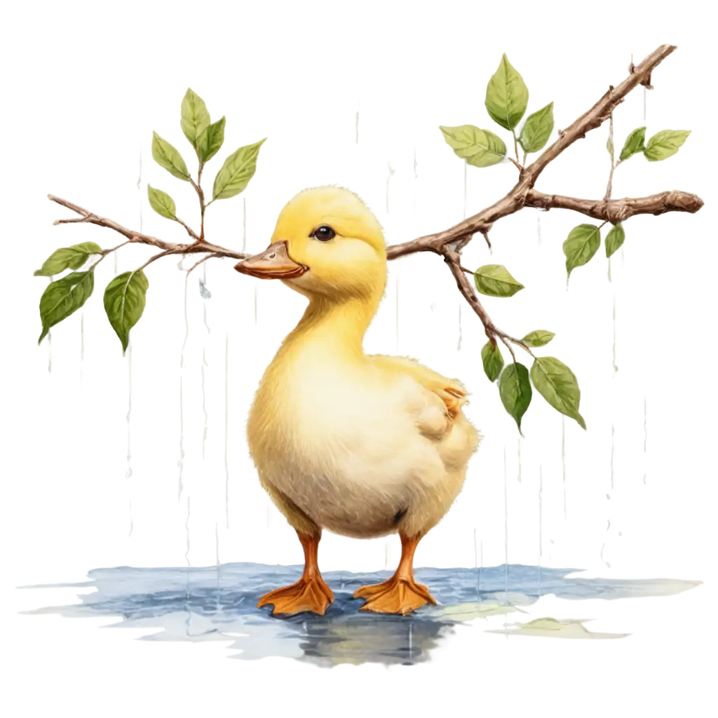 PNG-Image-Pastel-Drawing-of-a-Duck-Hiding-from-the-Rain-Beneath-a-Branch