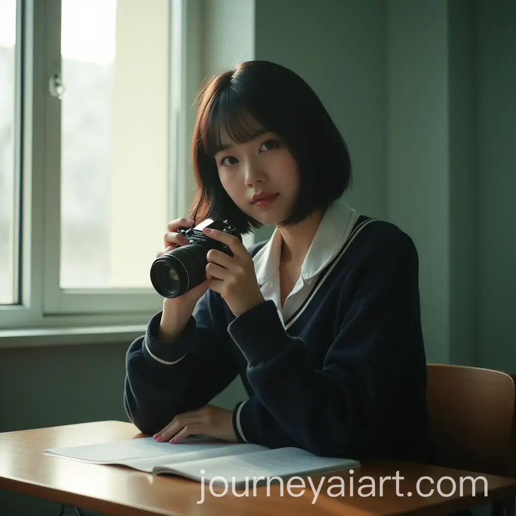 Kpop-Idol-in-School-Uniform-Holding-a-Camera-by-the-Window