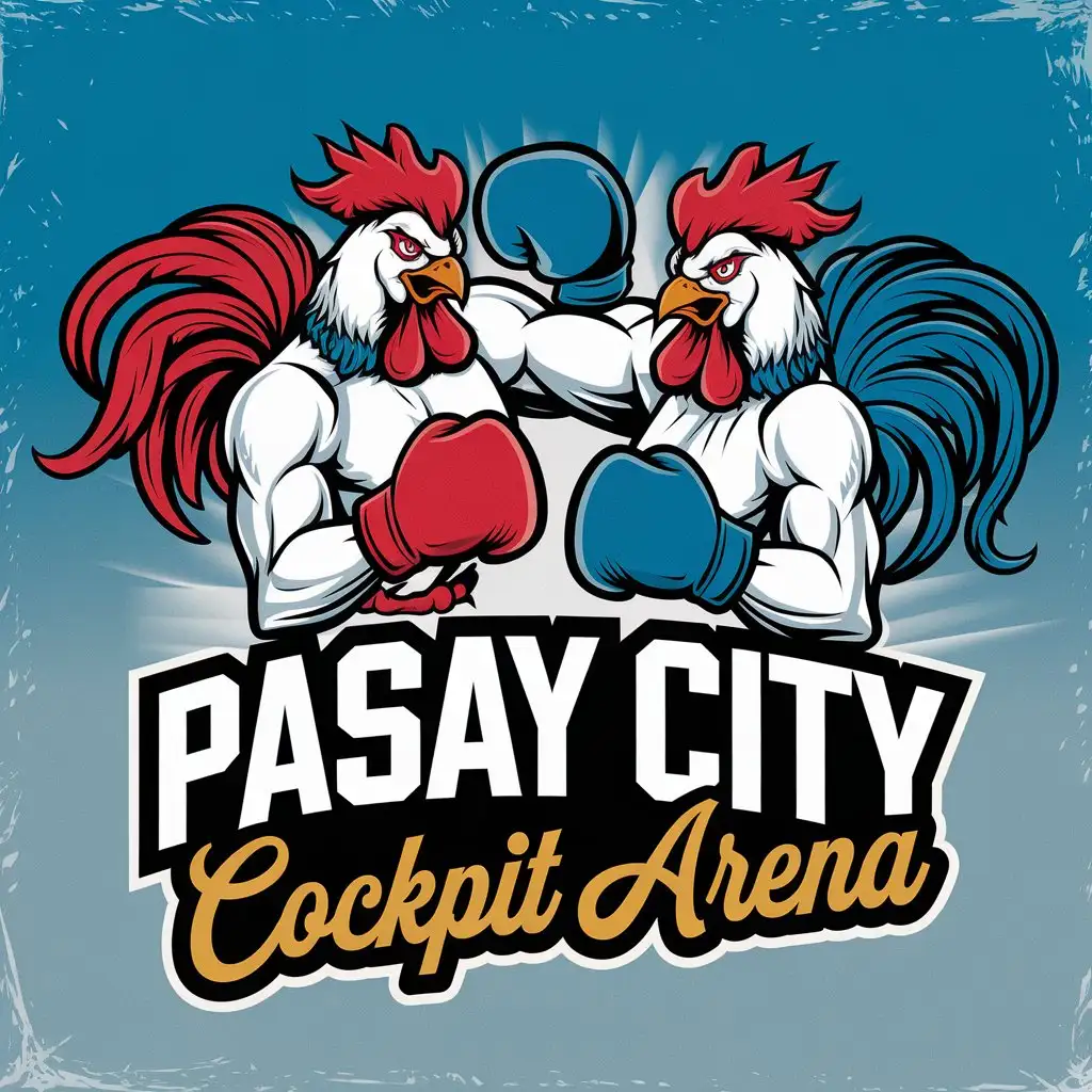 LOGO Design for Pasay City Cockpit Arena Retro Style with Muscular Roosters and Boxing Gloves