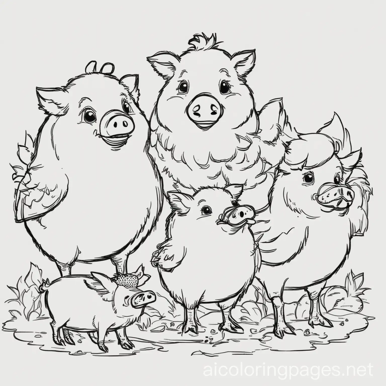 Farm-Animals-Coloring-Page-Chicken-and-Pigs-in-Black-and-White