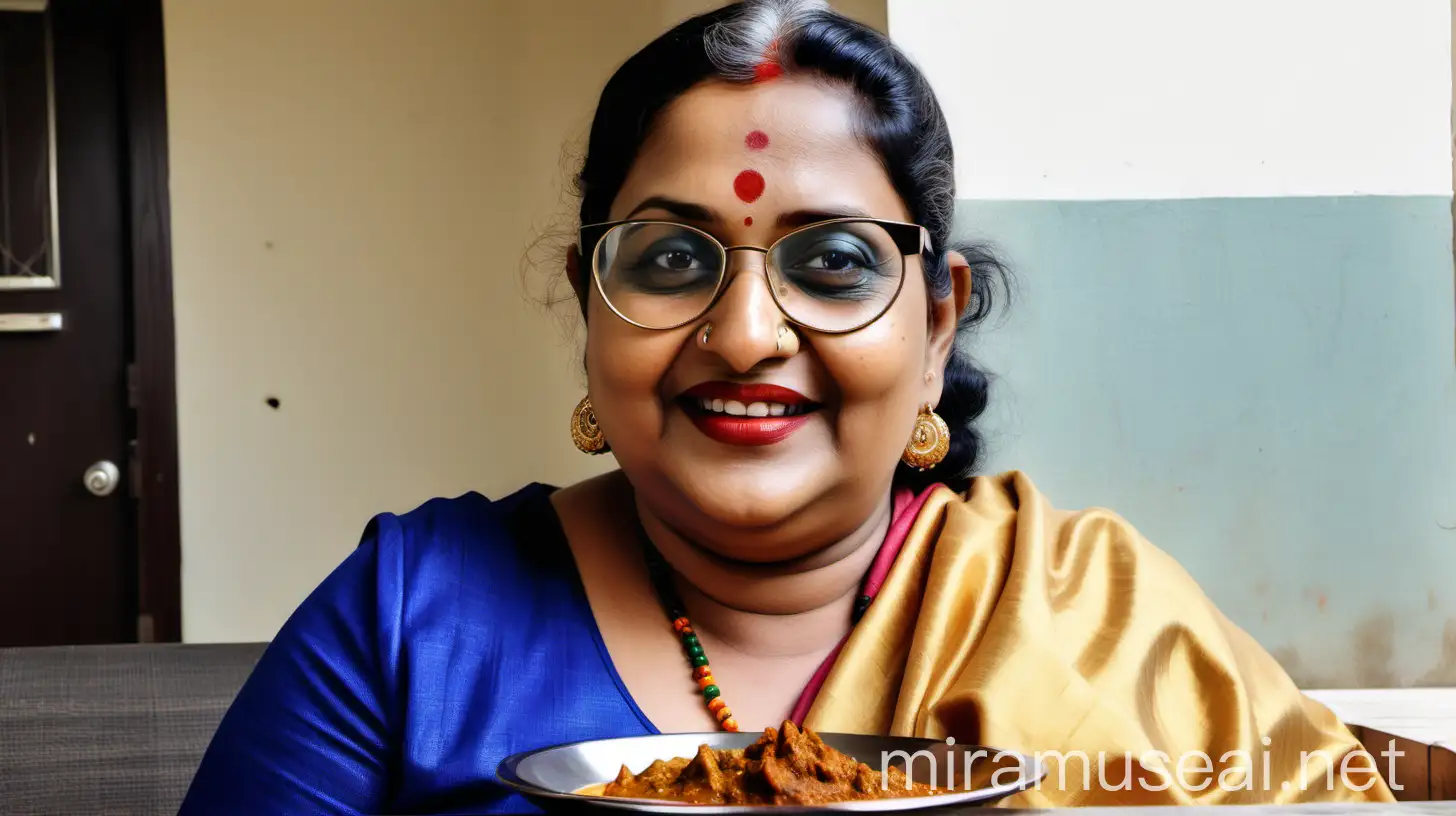 Mature North Indian Woman Enjoying Traditional Meal with Smiling Expression