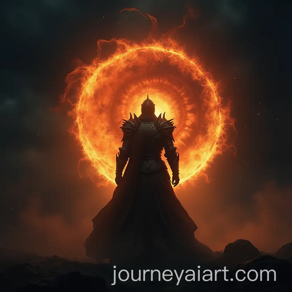 Mysterious-Armored-Knight-Surrounded-by-Fire-Under-a-Burning-Eye-in-Dark-Fantasy-Setting