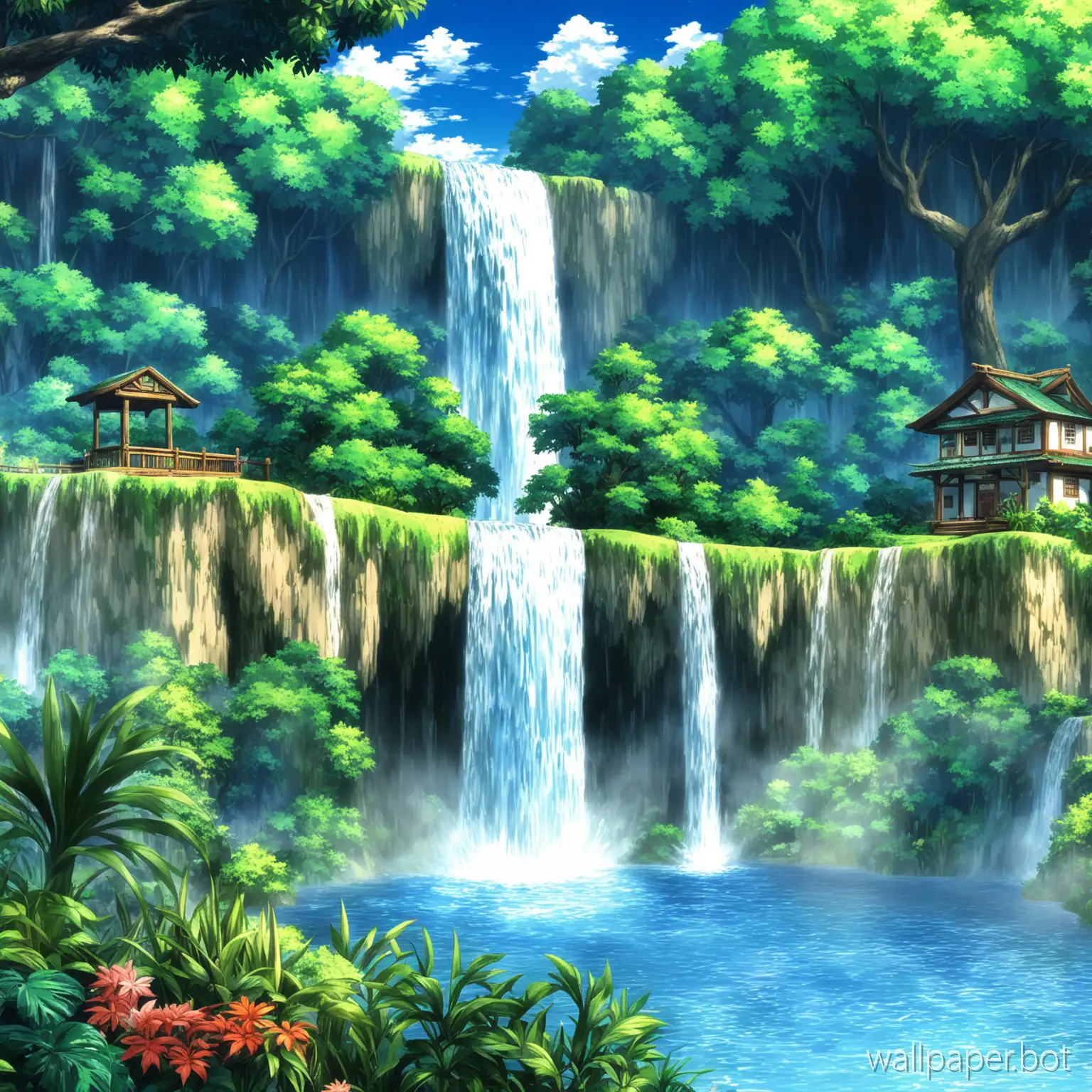 wallpaper for pc with a waterfall and some vegetation all that in the anime theme