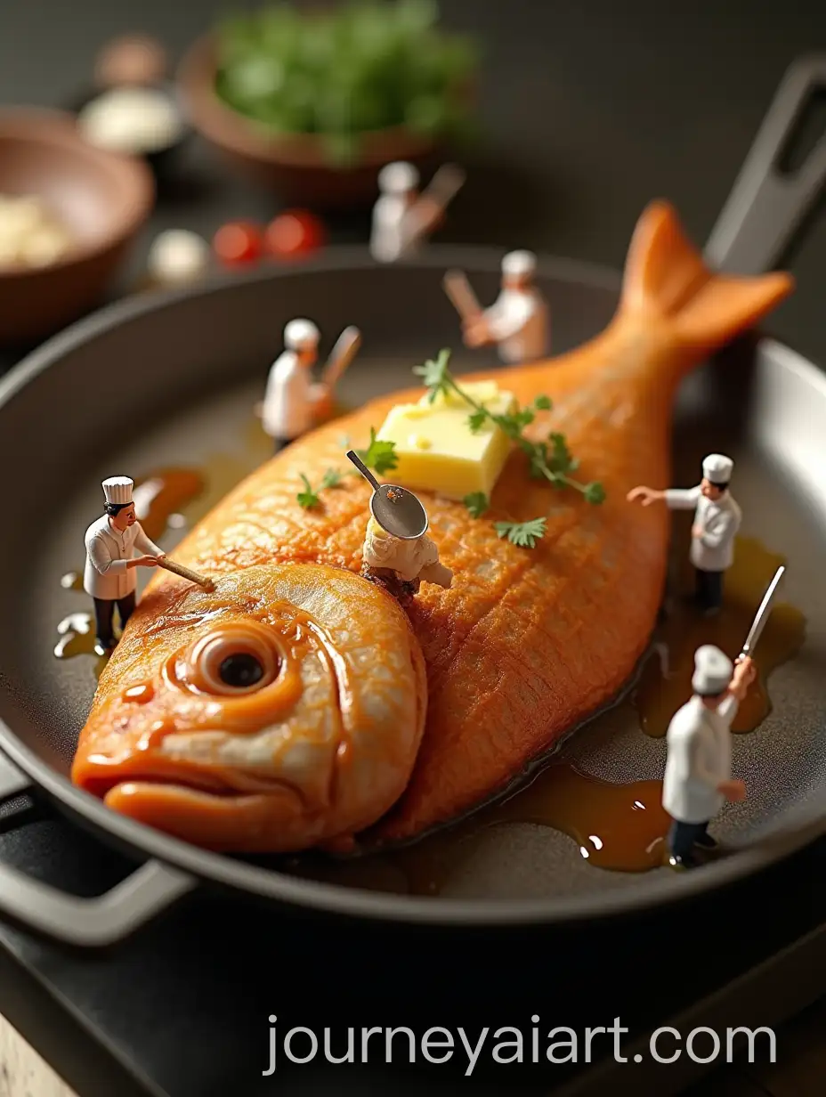 Giant-Fried-Fish-in-Frying-Pan-with-Tiny-Chefs-in-Professional-Kitchen