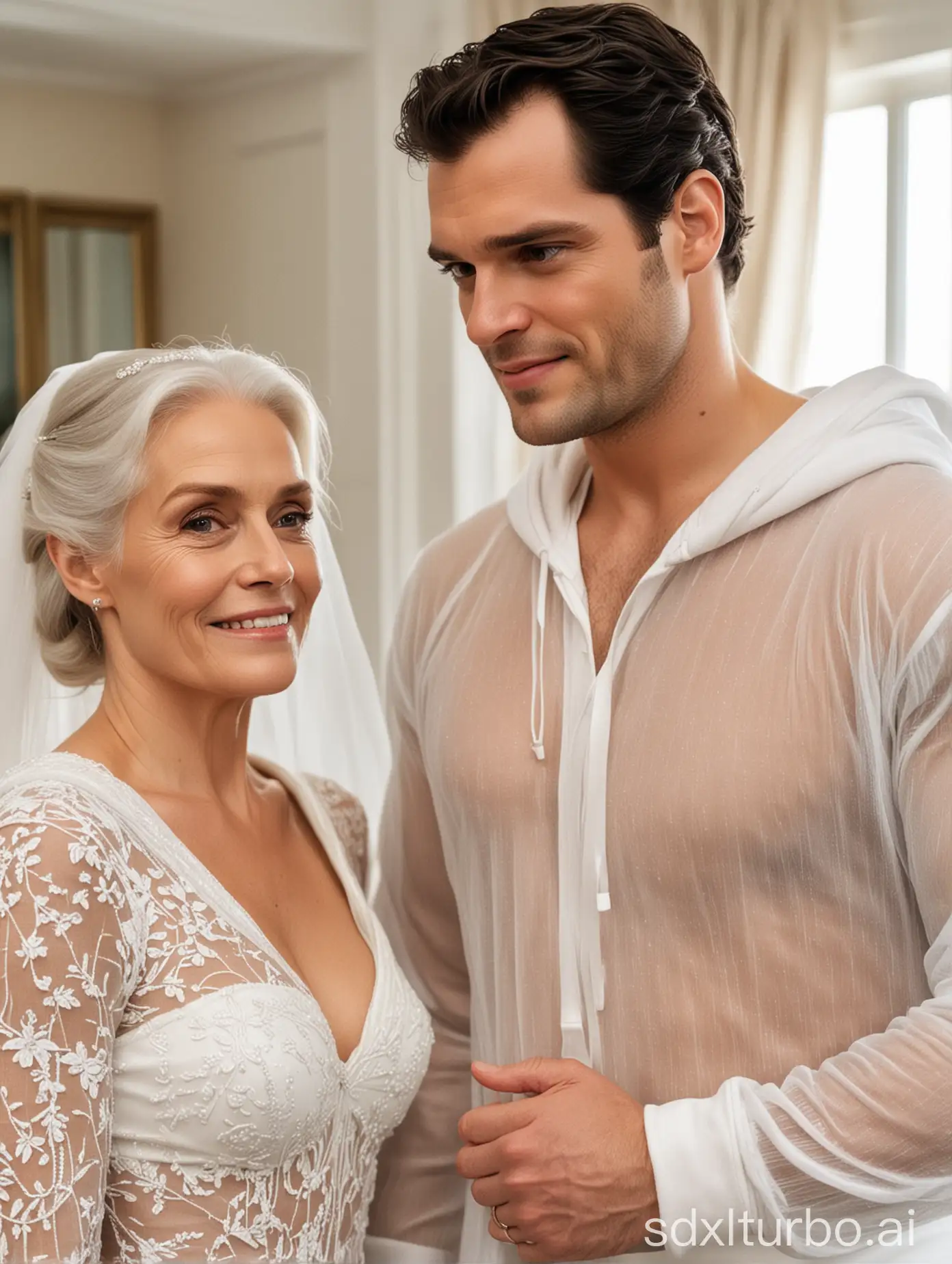 Henry Cavill in a white transparent seethrough hoodie sport suit, relaxed confident expression, muscular, shaved, arrogant smirk, clear skin, pose with an elderly older woman bride, strapless wedding dress