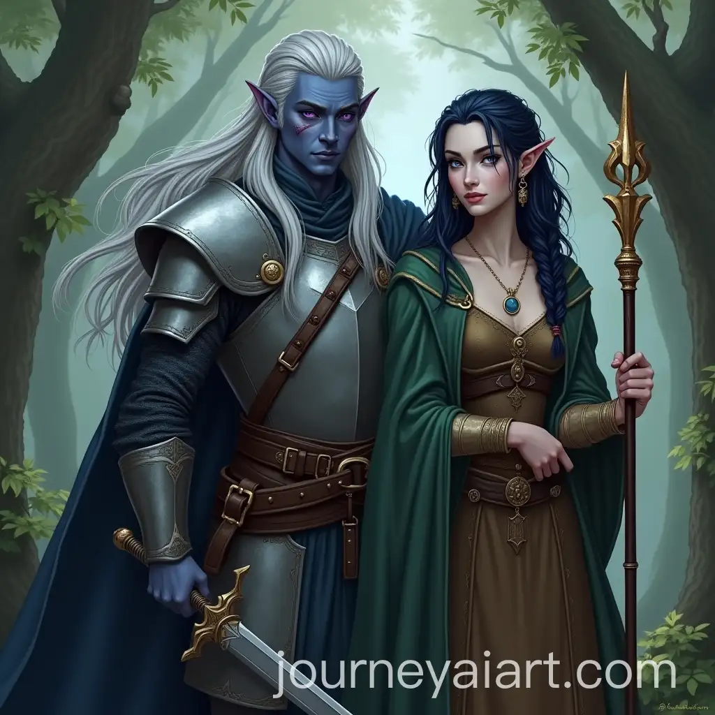 Male-and-Female-Elves-in-Forest-with-Armor-Sword-and-Quarterstaff