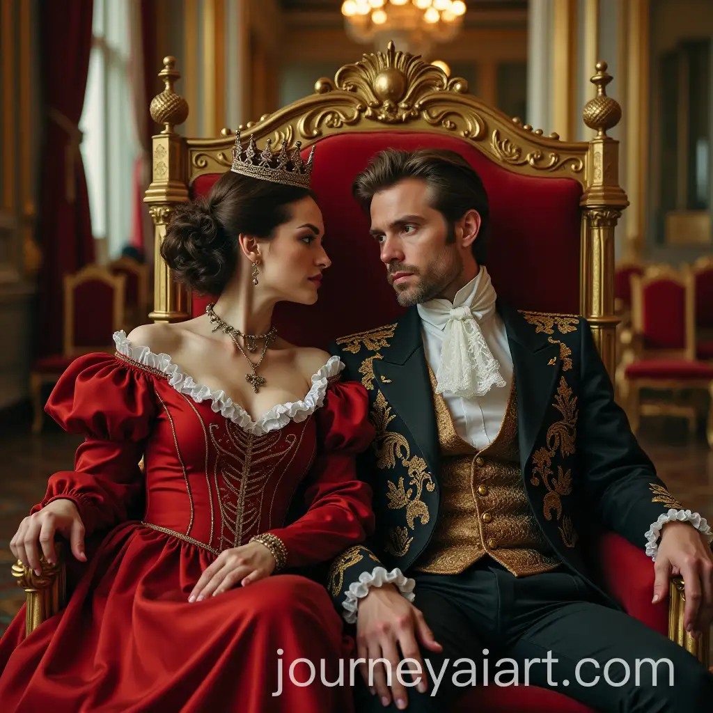 Modern-Royalty-Seductive-Queen-and-King-on-Throne-with-Hall-of-Mirrors
