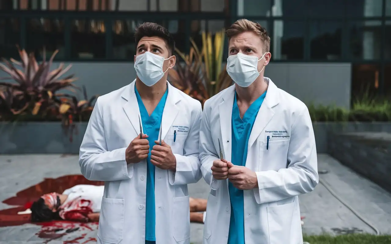 Doctors-Investigating-Crime-Scene-with-Scalpels-in-Hand