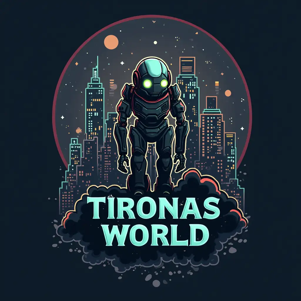 Tironas World name , with city background and robot logo