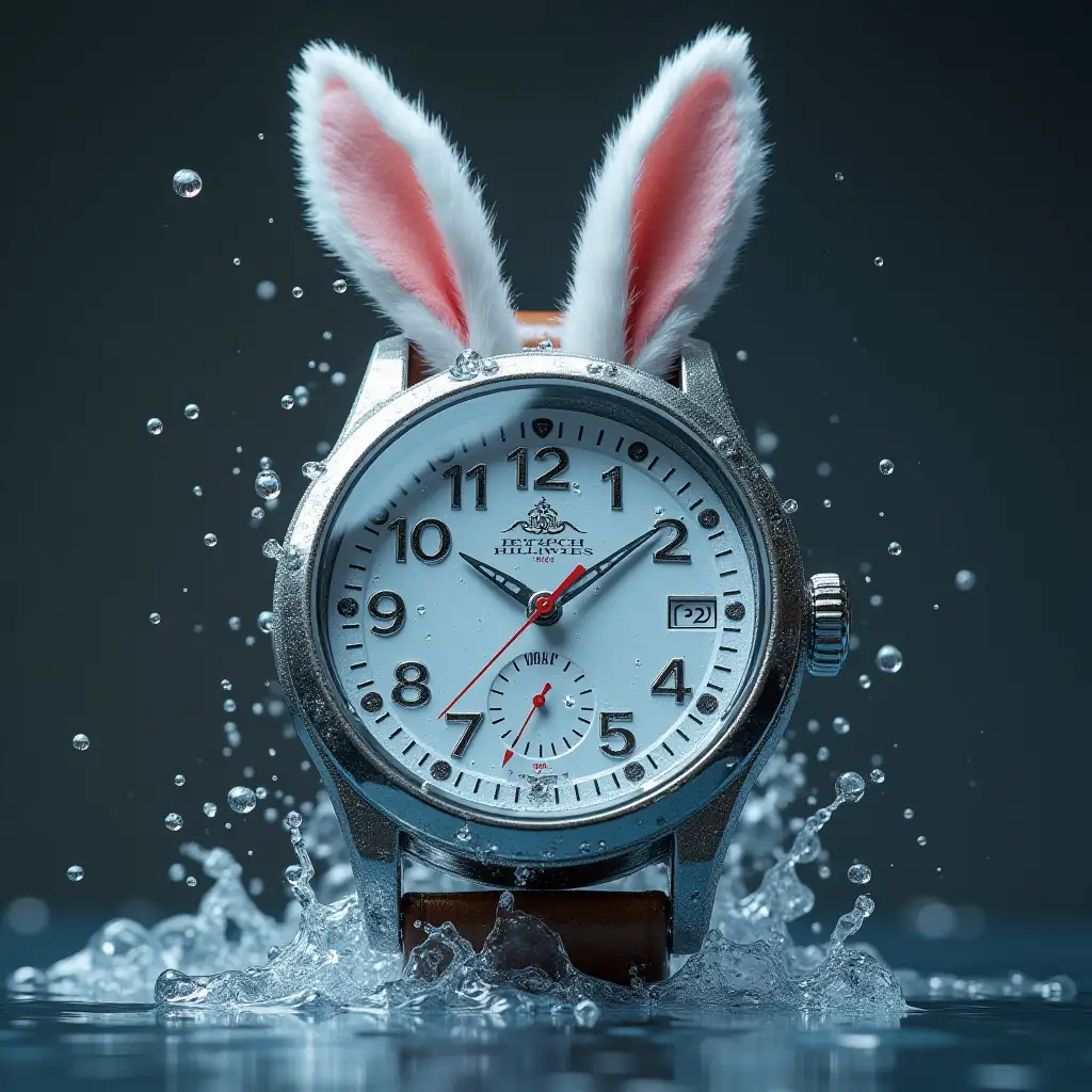 create hyperrealistic image of a wristwatch with water gushing in the center having bunny ears