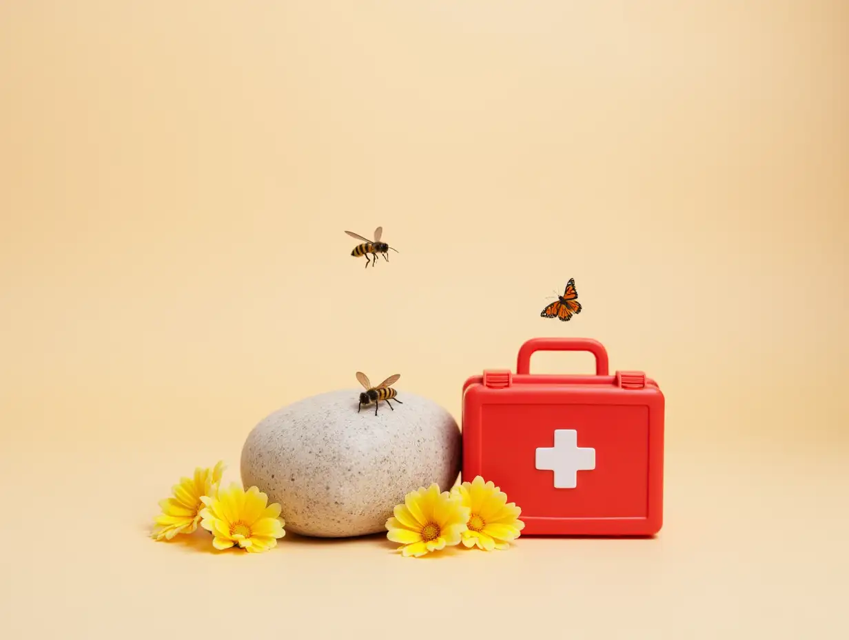 video: A solid light-colored background with a irregularly shaped rock, adorned with yellow flowers on the side. A red PLASTIC medical box, have bee and butterfly