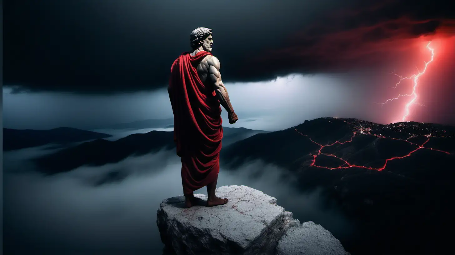 Greek Male Stoic Statue in Mystical Setting with Red Lightning