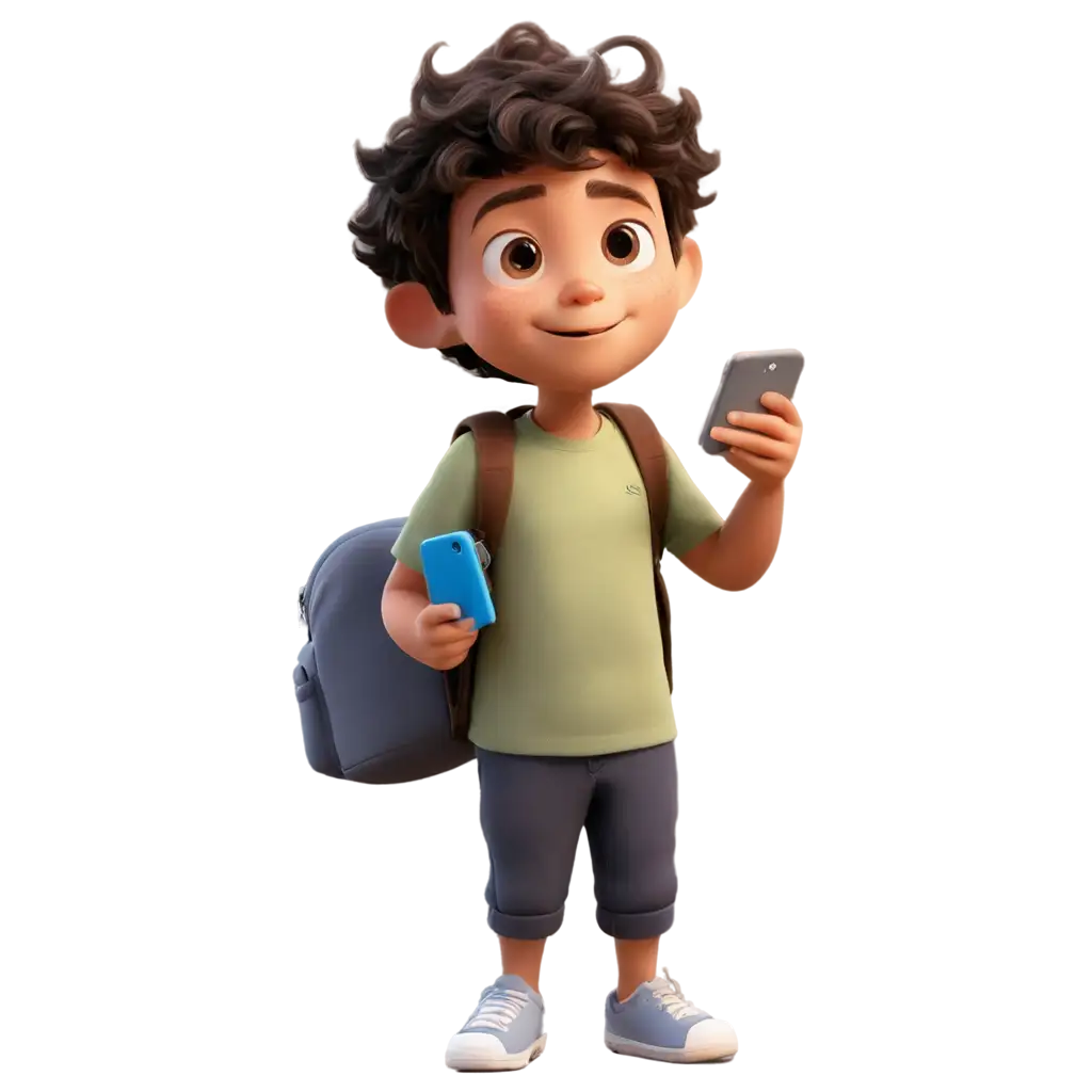 a cute image of a child in Pixar style using a cellphone