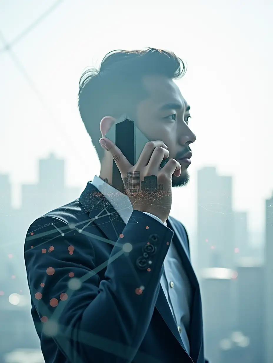 A creative double exposure image showing an Asian male in silhouette, holding a smartphone to his ear, overlaid with a bright, low-contrast cityscape. The background is filled with a network of interconnected lines and nodes, designed to be the cover for a business ethics book.