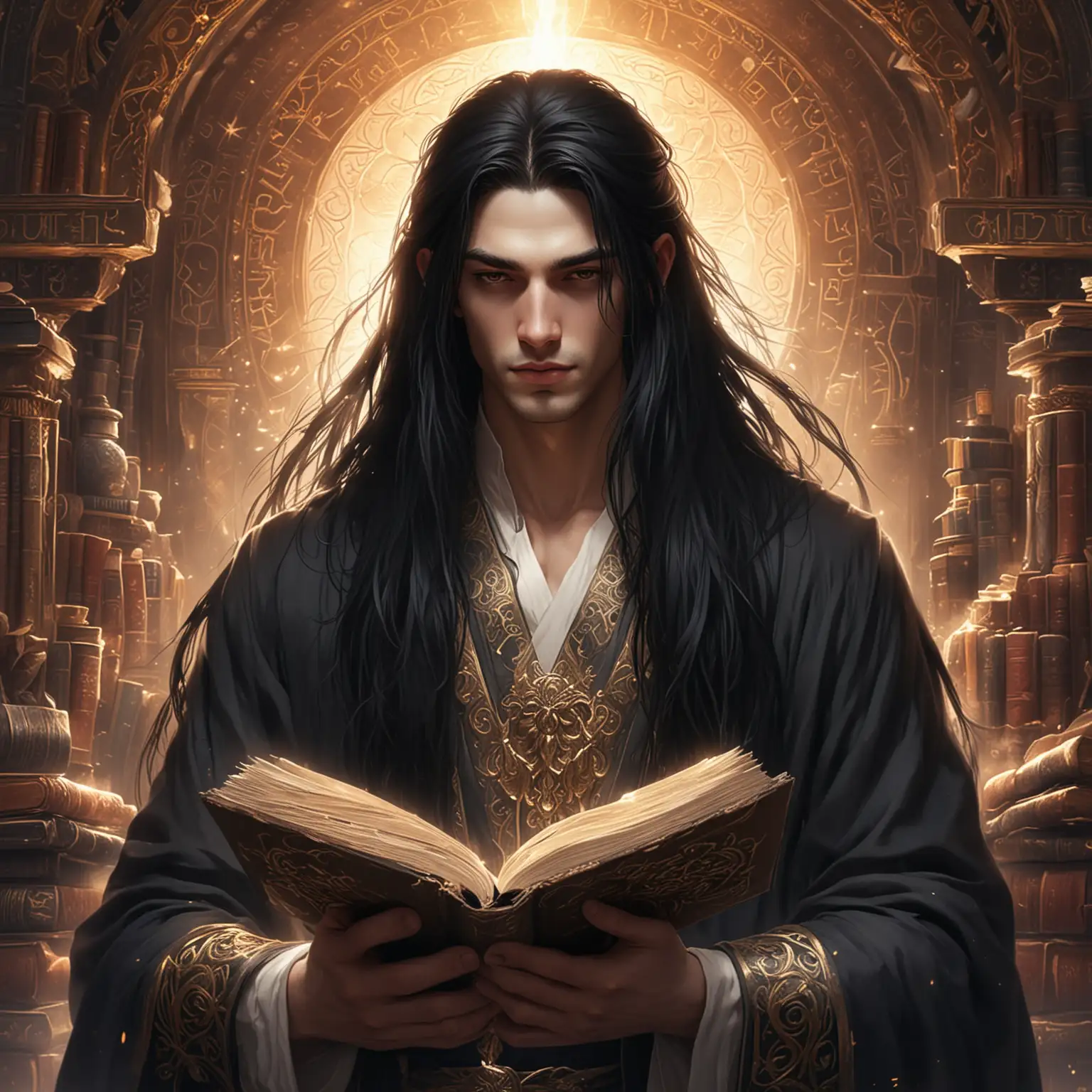 Male-God-of-Lore-with-Long-Black-Hair-Surrounded-by-Books-and-World-Knowledge-Theme