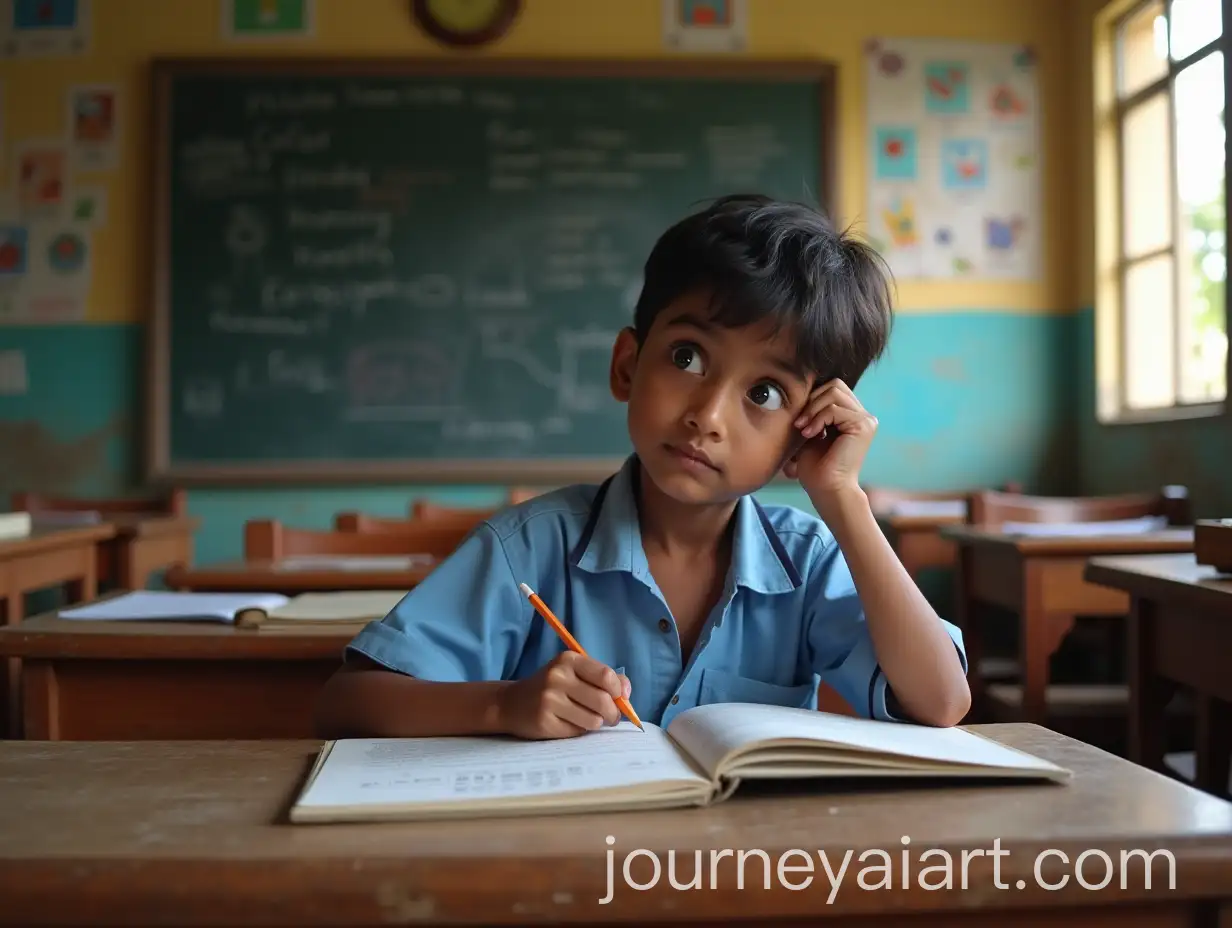 CurAI-Image-Prompt-Expansionious-Indian-Boy-in-Rural-Classroom-Reading-Science-Book