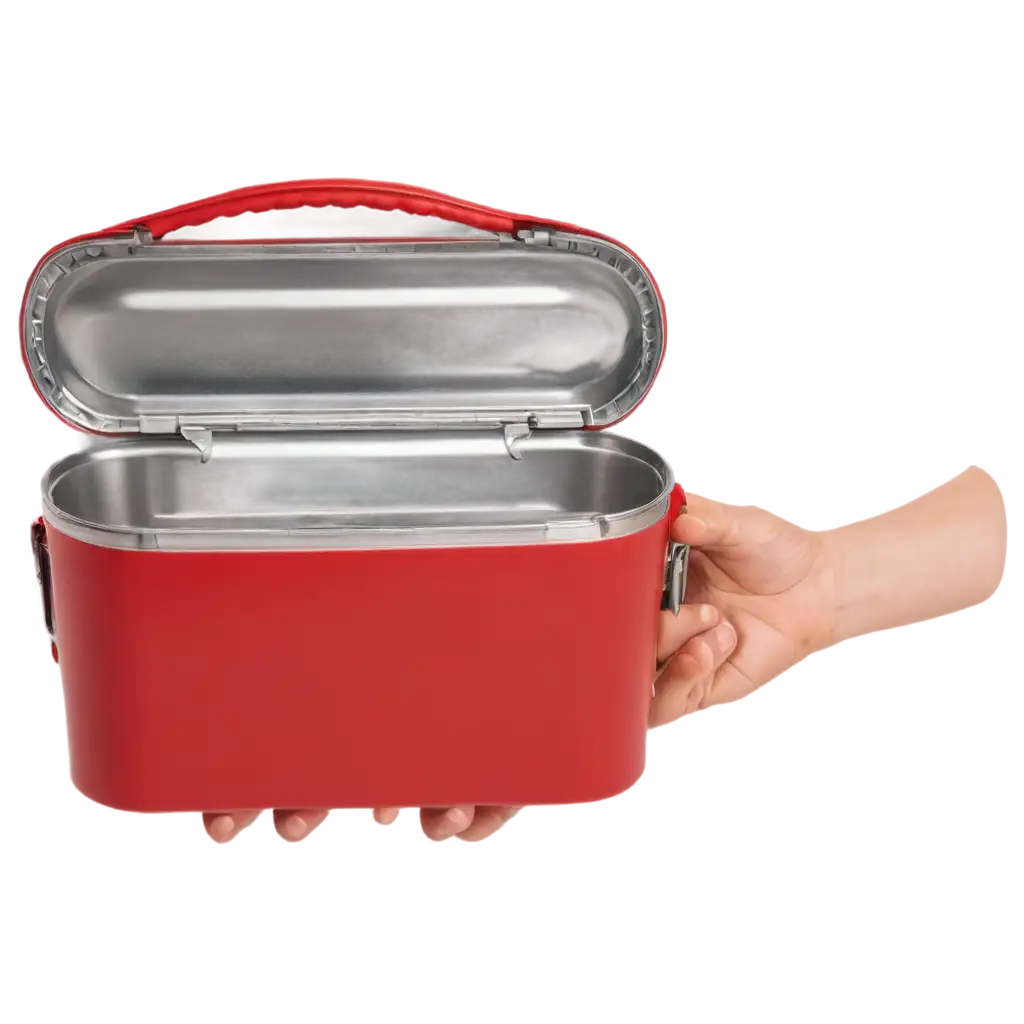 A red lunch box with arms