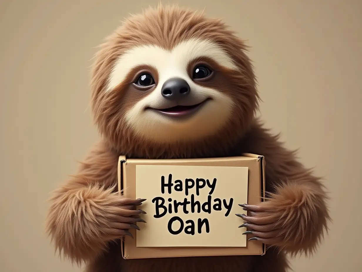 create Sloth holding a box with written 'Happy Birthday Oan'