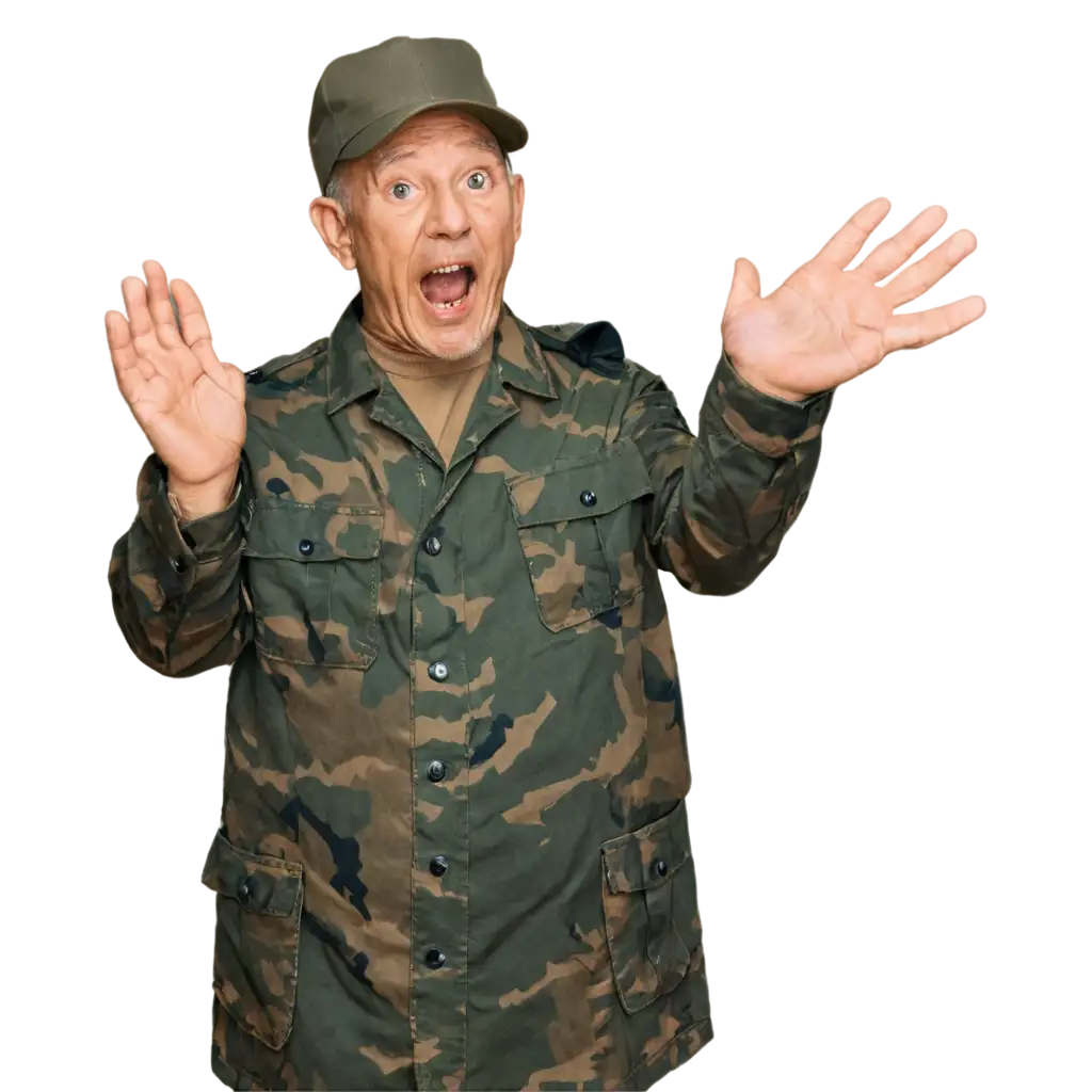 Old-Man-in-Green-Camouflage-Military-Uniform-PNG-Soldier-Shouting-Rightward