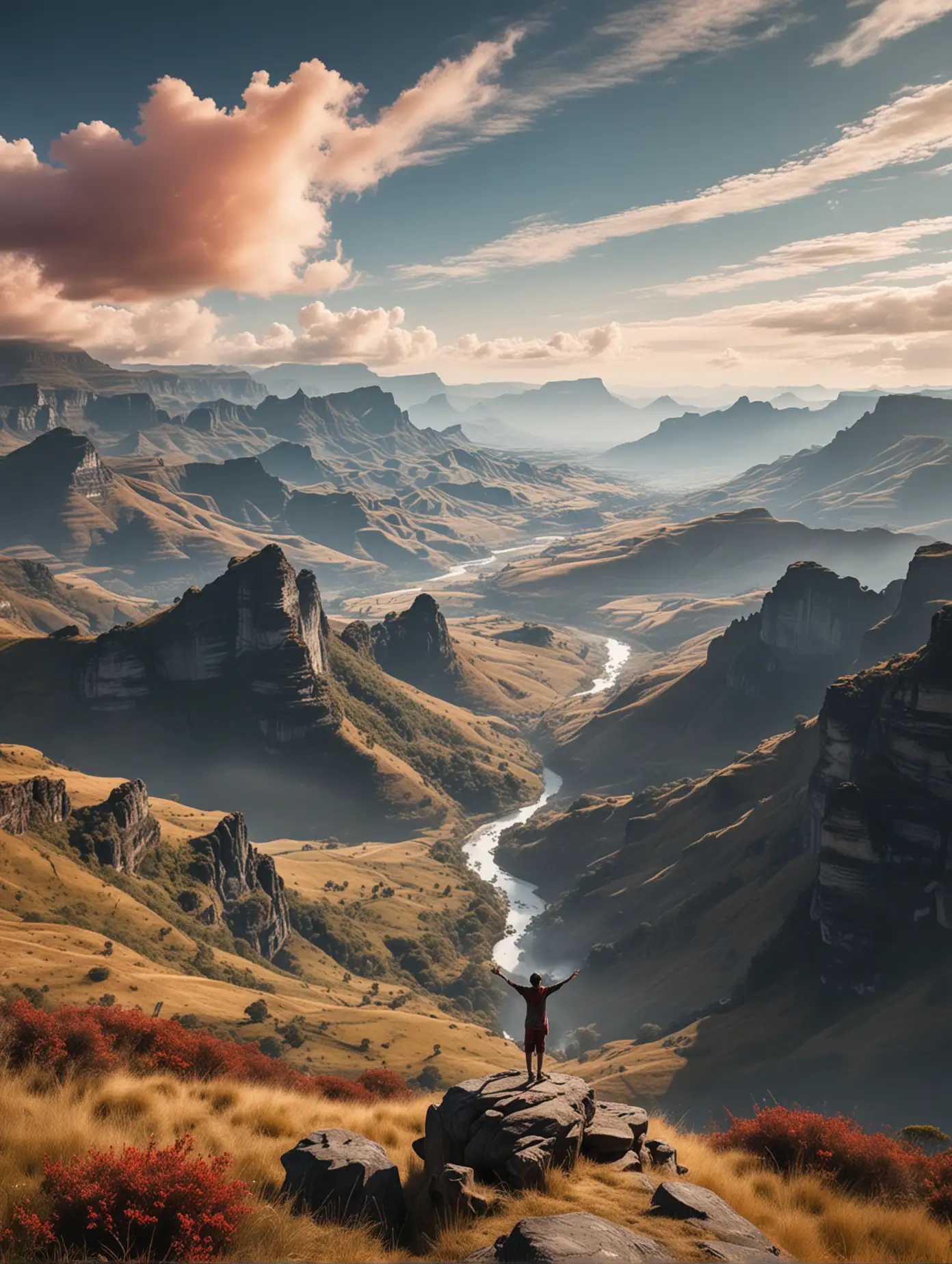 Mid-shot of a person standing at the edge of the Drakensberg Mountains, arms outstretched as if embracing the vast, serene landscape. The sky is clear, with gentle clouds, and the colors are rich and vivid, capturing the tranquility of the moment. The scene reflects the inner peace overcoming external challenges, in the style of a Chinese ink wash. Coloring rich and vivid, 8k resolution and composition.