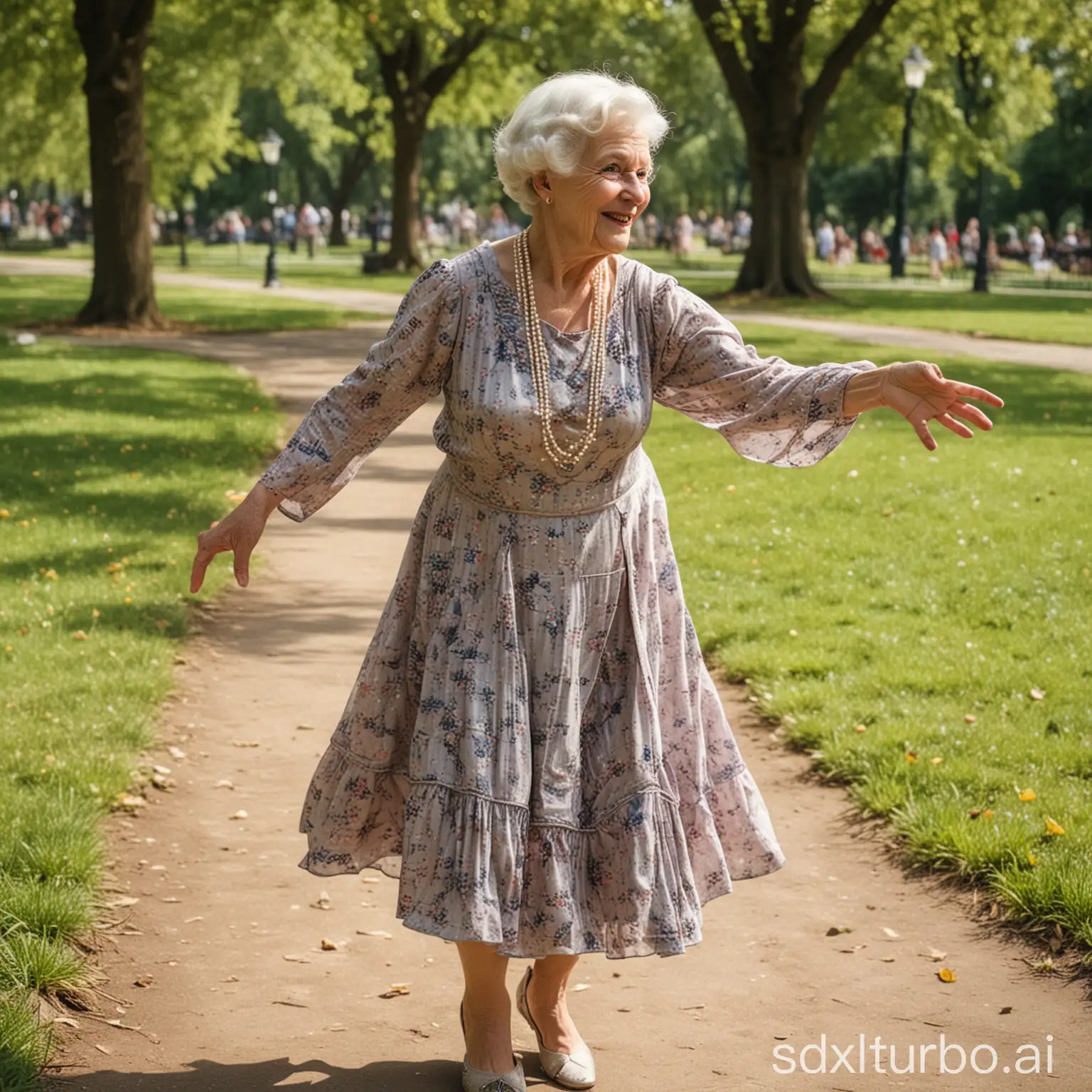 grandmother in a dress from the twenties of the twentieth century dances the Charleston in the park