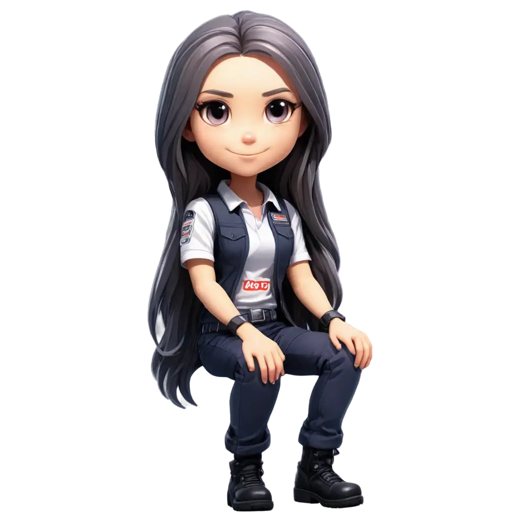 Long-Haired-Female-Chibi-Character-in-JDM-Mechanic-Clothes-Sitting-in-Front-of-a-JDM-Car-PNG-Image