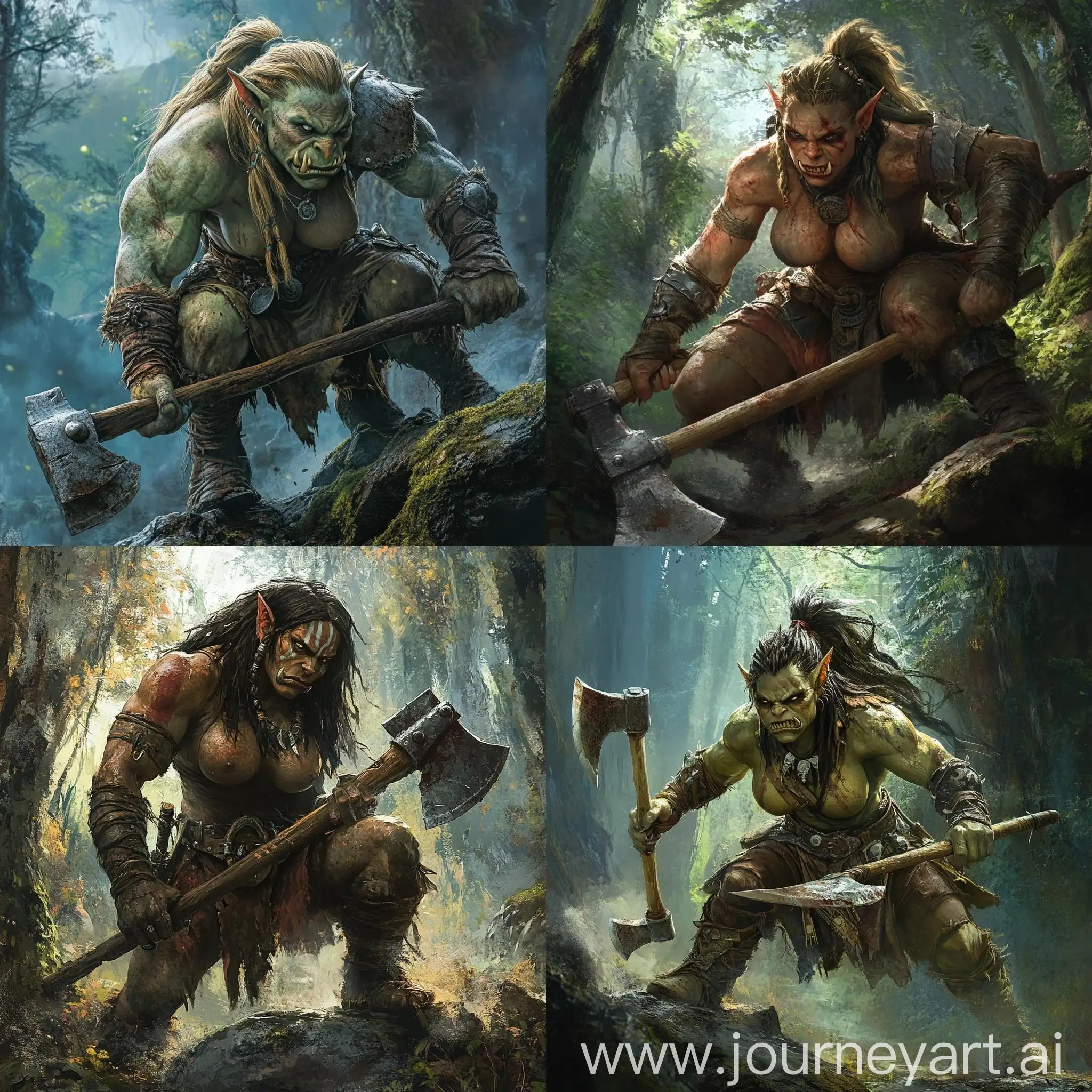 Female-Orc-Barbarian-with-Axes-in-Fantasy-Forest