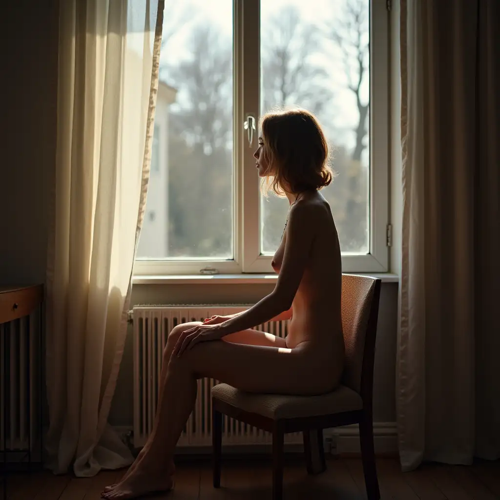 a close up front image of a nordic woman sitting on a chair for a window, artistic nudity, light comming from outside