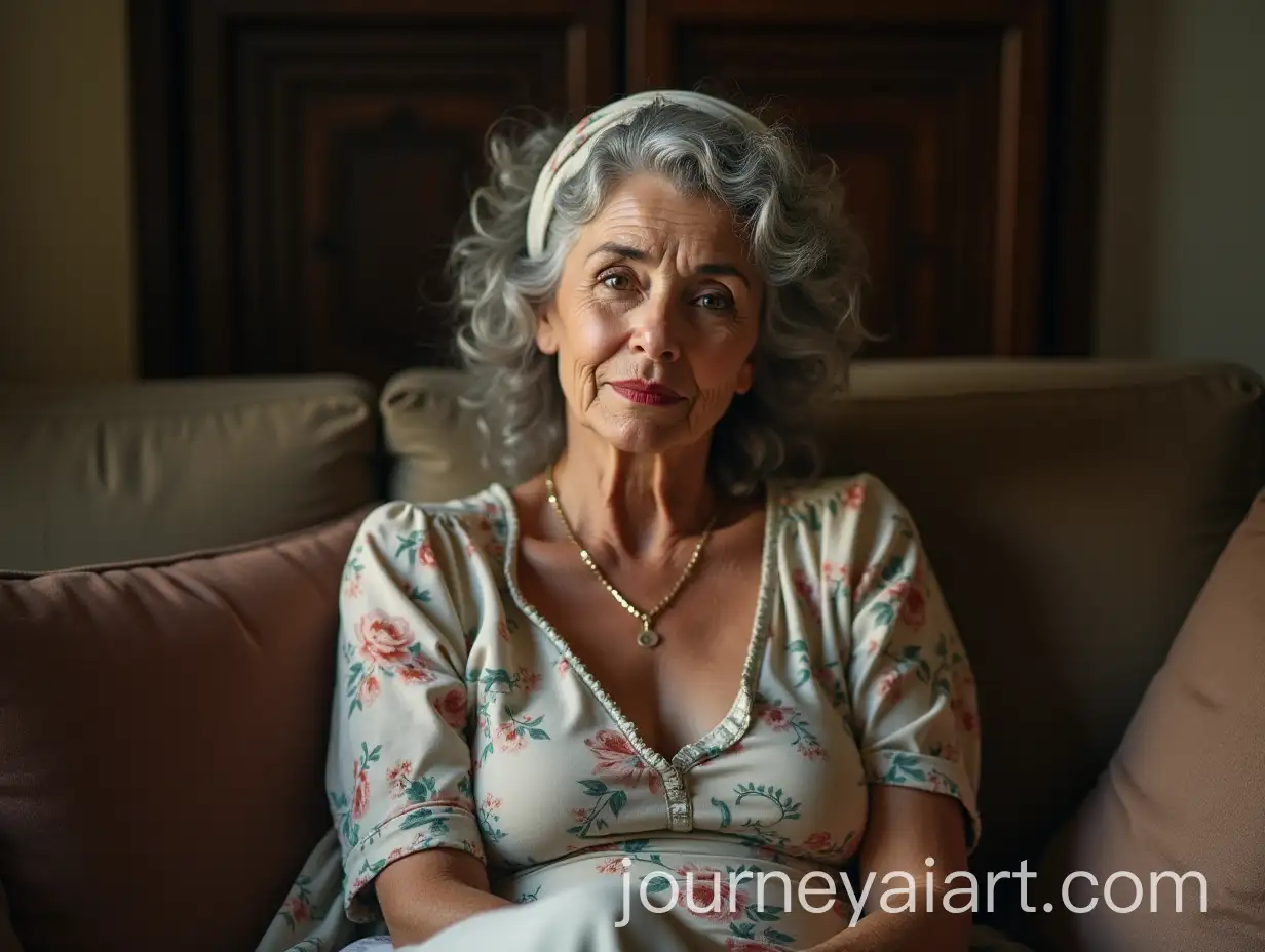 Elegant-Elderly-Woman-in-a-Cozy-Room-with-Crossed-Legs-and-a-Headscarf