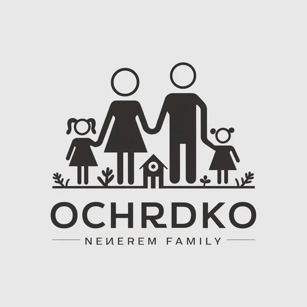 a vector logo design,with the text "Ochredko", main symbol:Family, husband and wife, daughter 10 years old and daughter 1 year old,complex,be used in Home Family industry,clear background